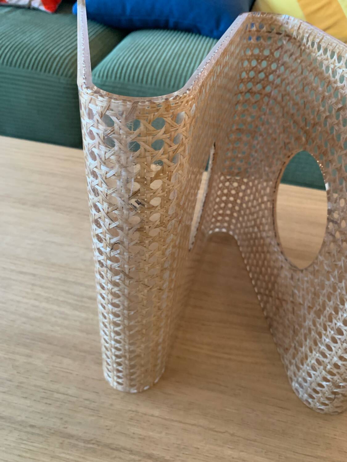 Plexiglass magazine rack with cane work, 1970