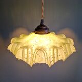 Art Deco pendant light in speckled green and white pleated glass, 1920s-30s.