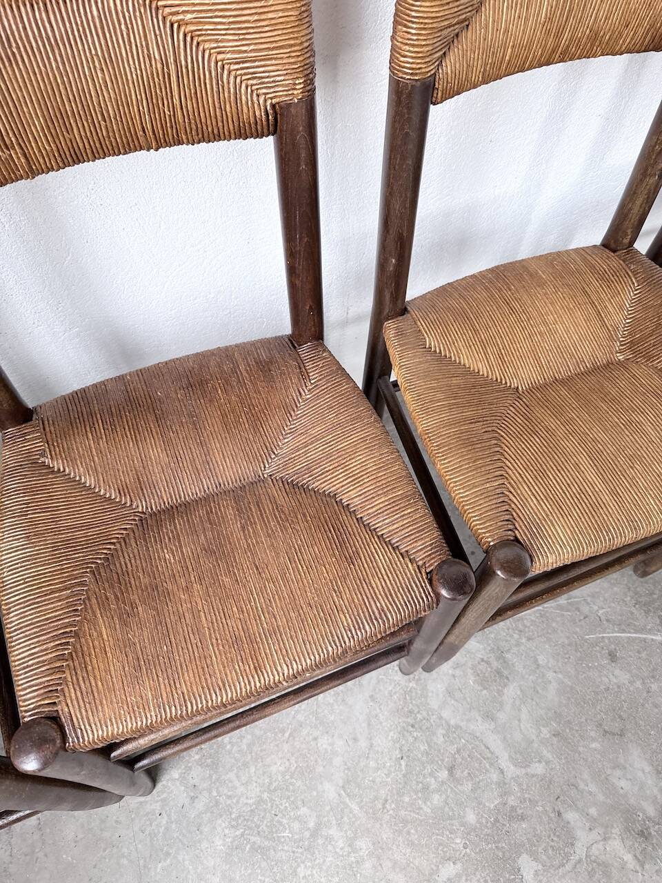 Set of 6 straw and oak Beauche chairs.