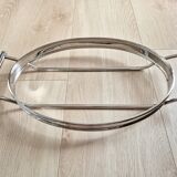 Oval Pyrex gratin dish, silver-plated metal stand.