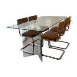 Design glass dining table & 4 vintage 70s/80s style chairs