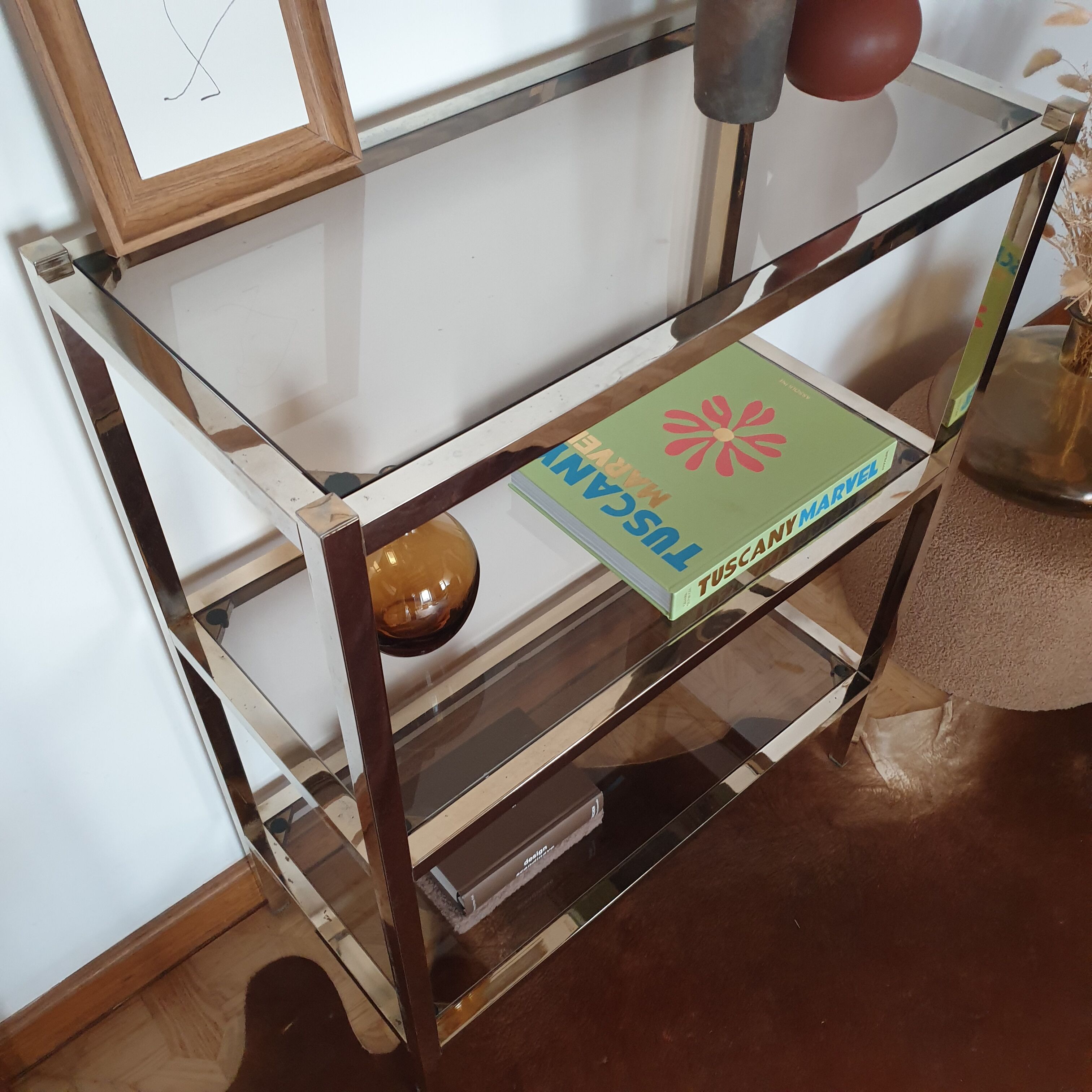 Bookcase furniture gilded and smoked glass vintage 70s Rochebobois