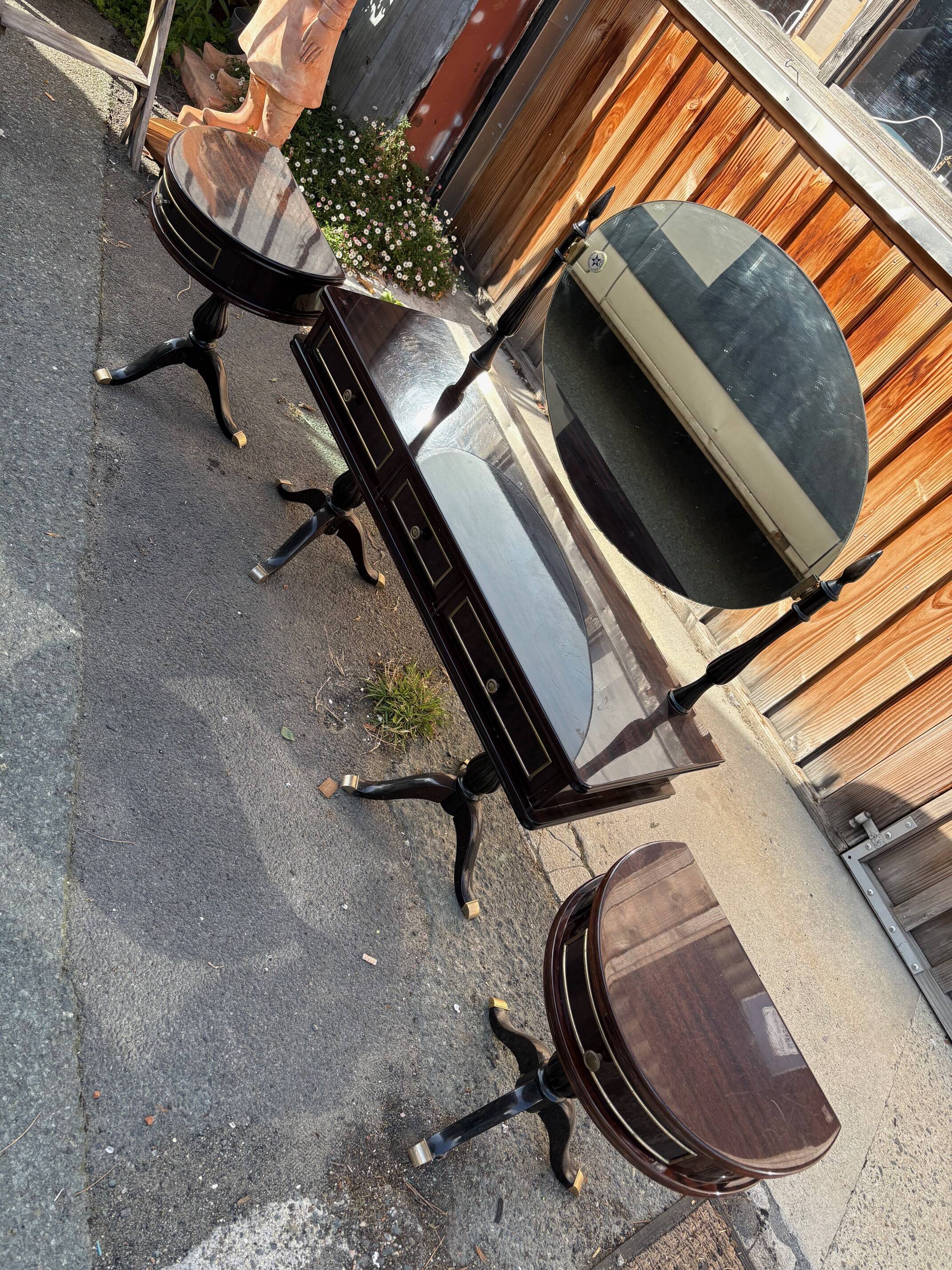 Vintage 1960s triptych hairdresser in mahogany – signed G. Blouin Nantes