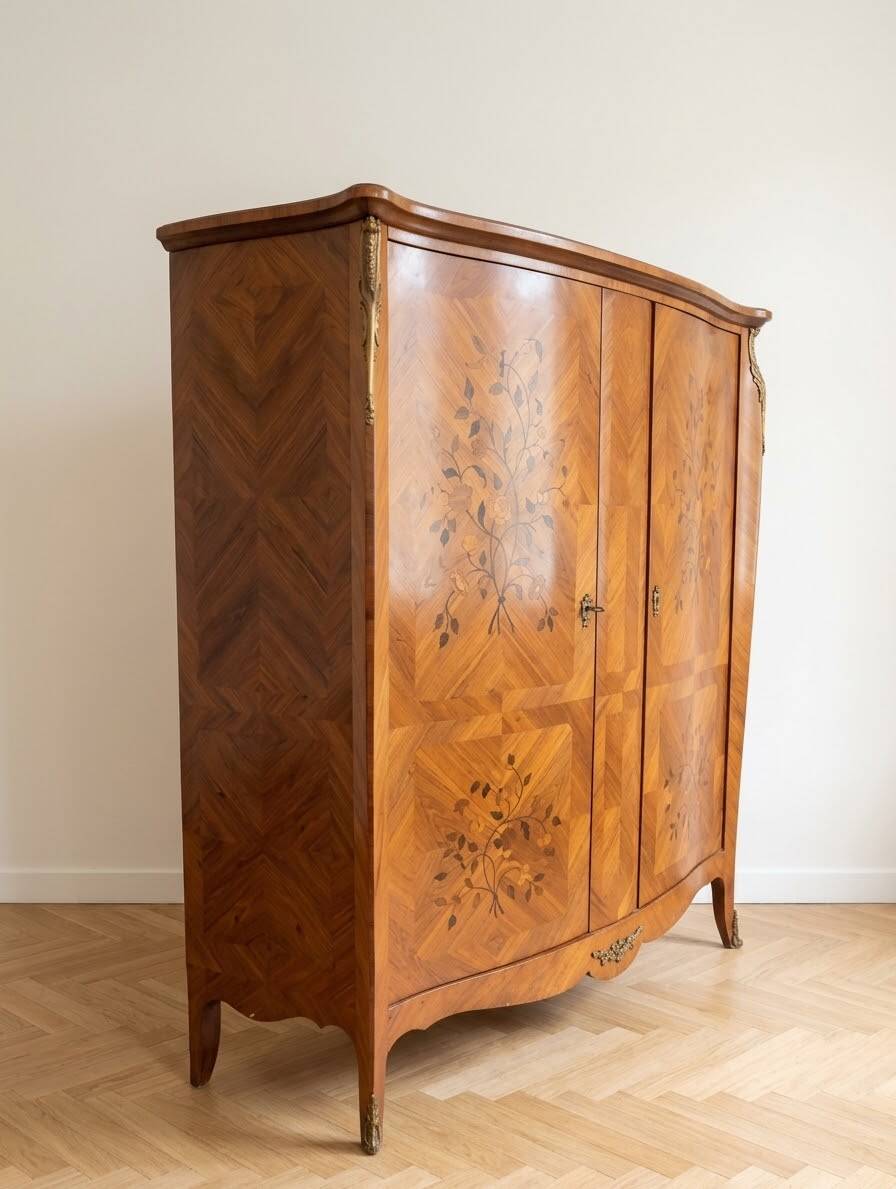 Armoire ancienne style Louis XV en marqueterie florale