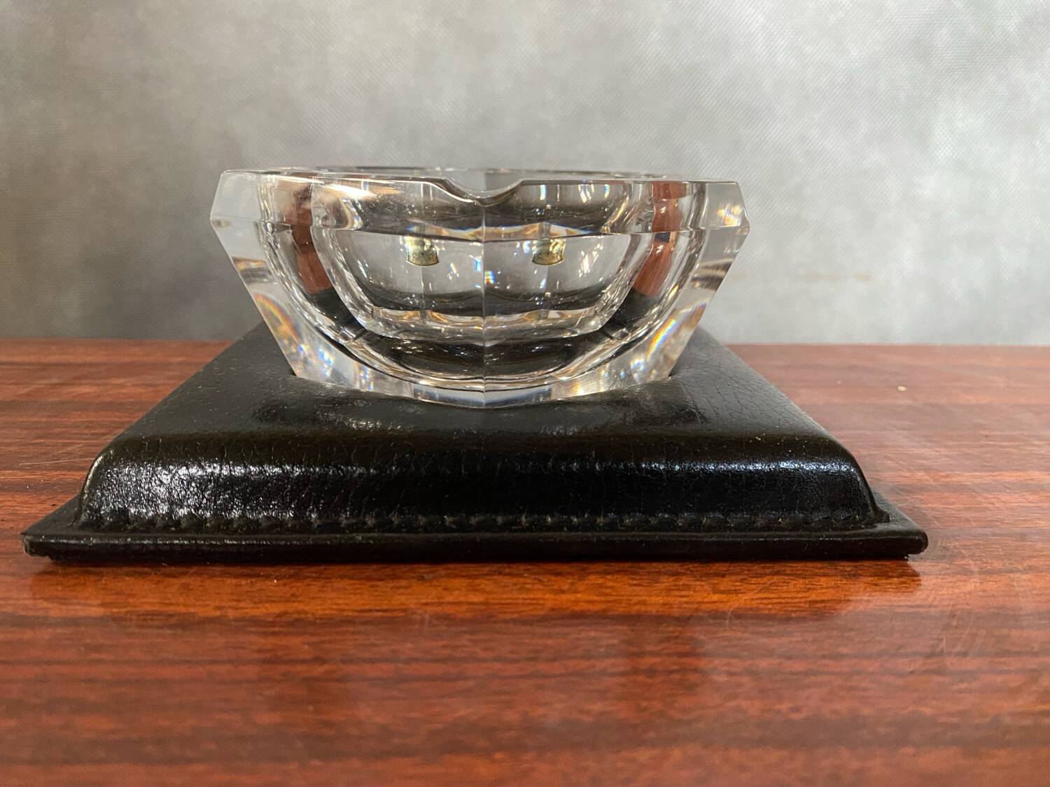 Old Val St Lambert Crystal Ashtray + Le Tanneur Leather Holder + Box