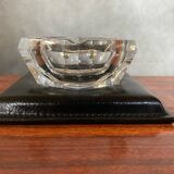 Ancien Cendrier Val St Lambert Cristal + Support Cuir Le Tanneur + Boîte