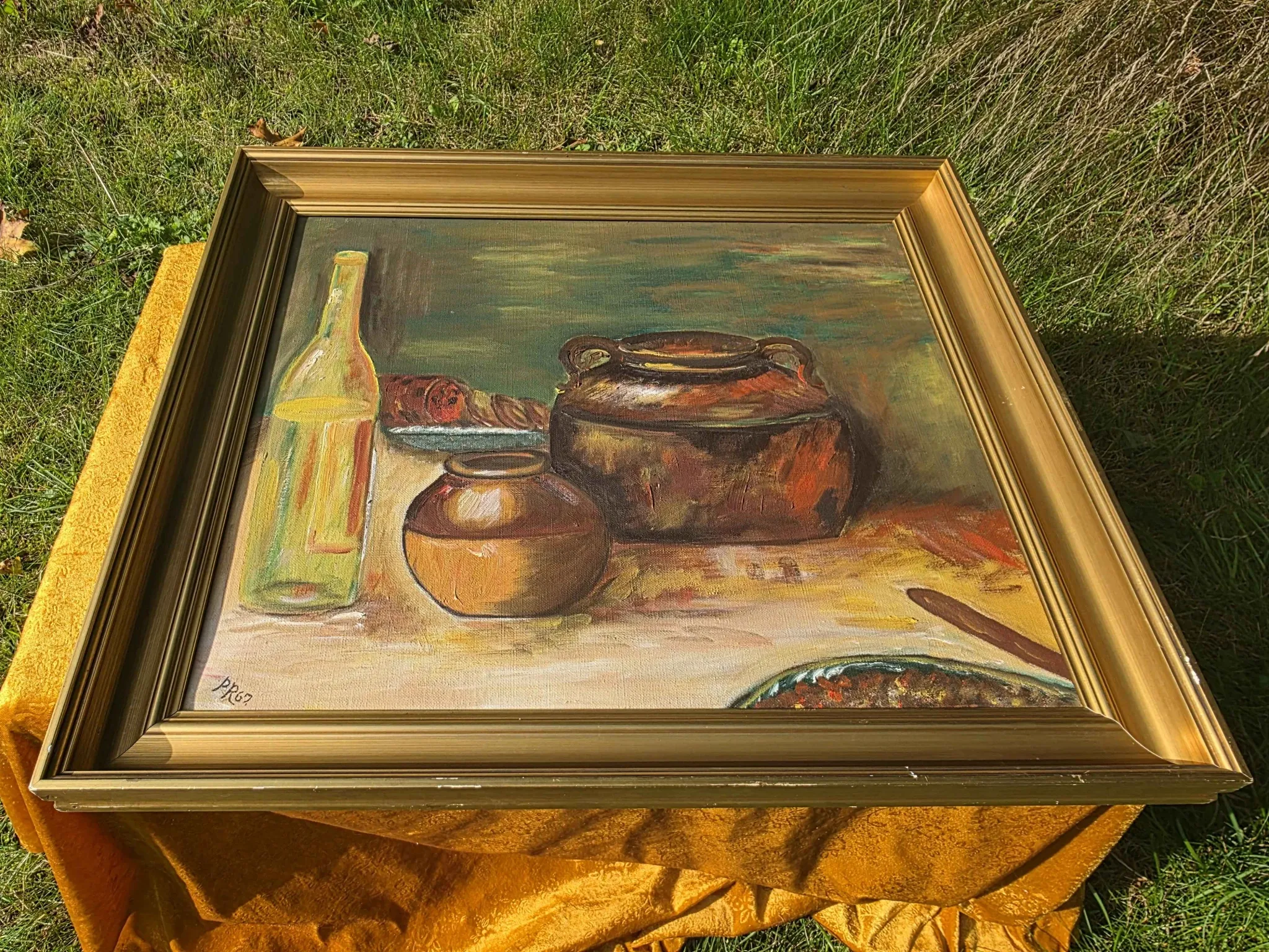 Peinture à l'huile de pot en cuivre de cuisine rustique - 1962