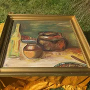 Peinture à l'huile de pot en cuivre de cuisine rustique - 1962