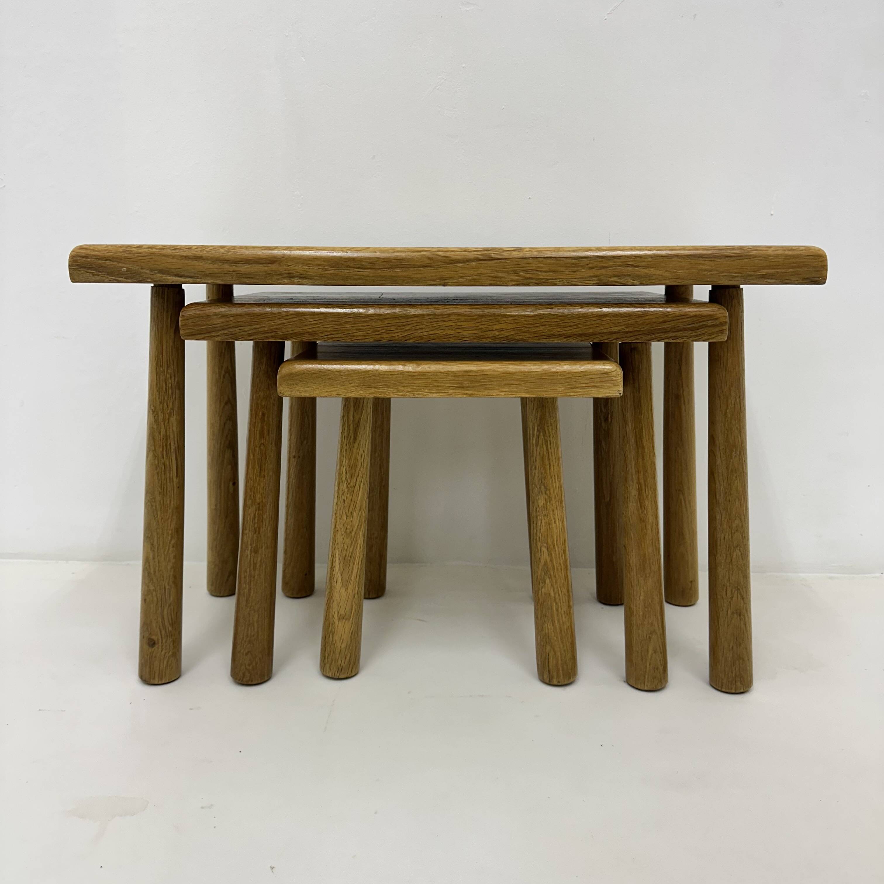 Set of nesting tables solid oak wood brutalist , 1970s