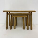 Set of nesting tables solid oak wood brutalist , 1970s