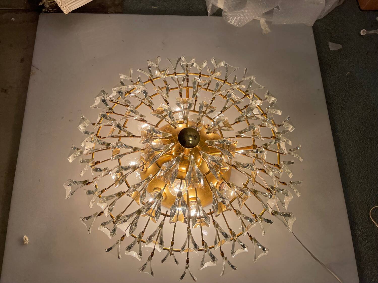 Large Brass Crystal Flushmount by Stilkronen Italy 1970’s