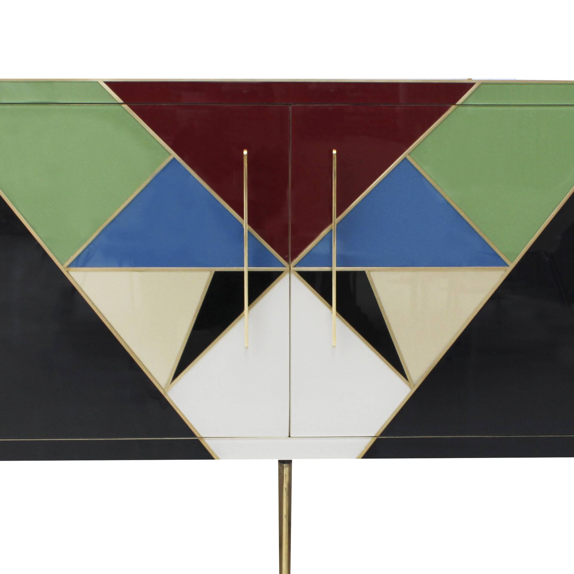 Mid-Century Style Italian Sideboard Made of Wood Brass and Colored Glass