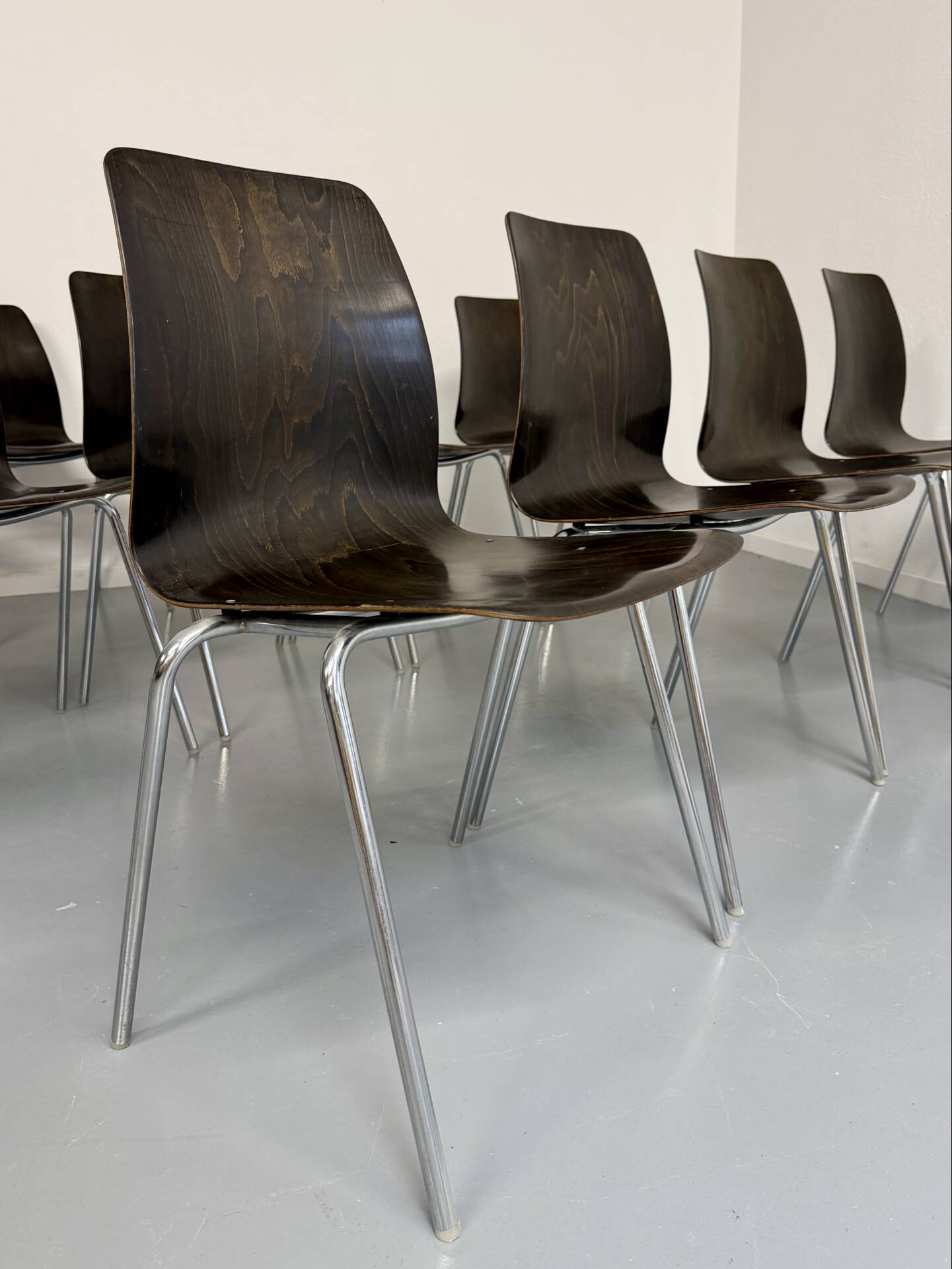 Set of 12 wooden and chrome chairs, Pagholz design from the 80s, vintage Pagwood.