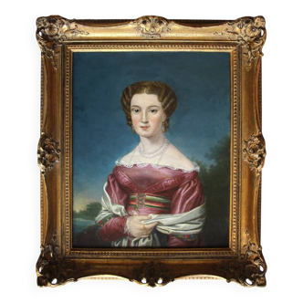 Antique Biedermeier Young Lady Miniature Portrait Painting