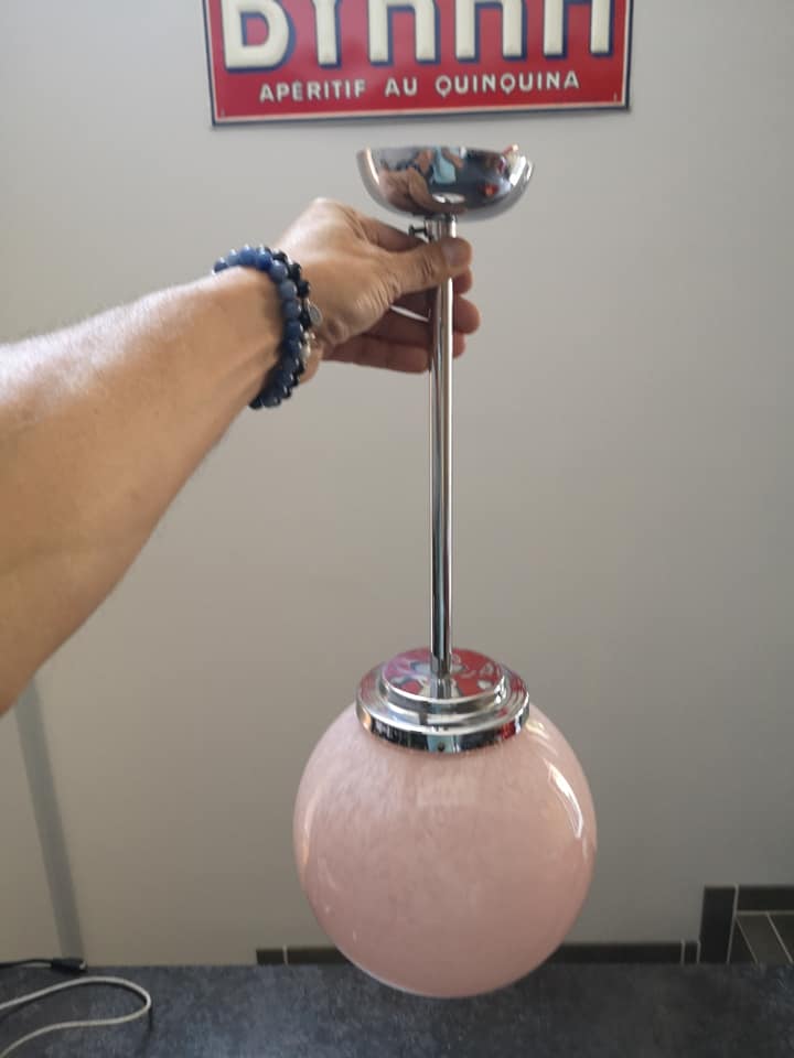 Ceiling lamp globe ball Art Deco opaline Clichy pink 1930