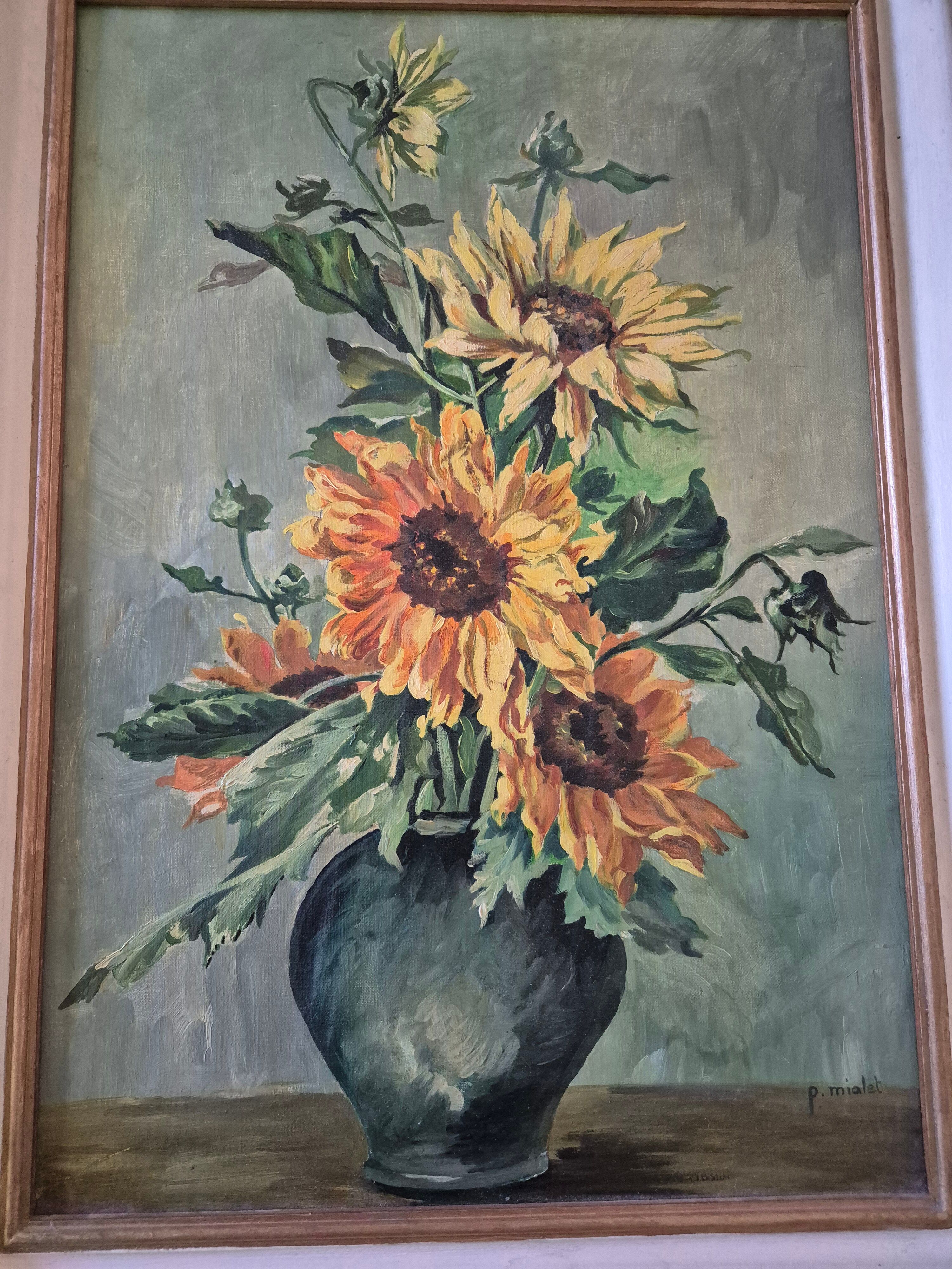 Signed painting depicting sunflowers