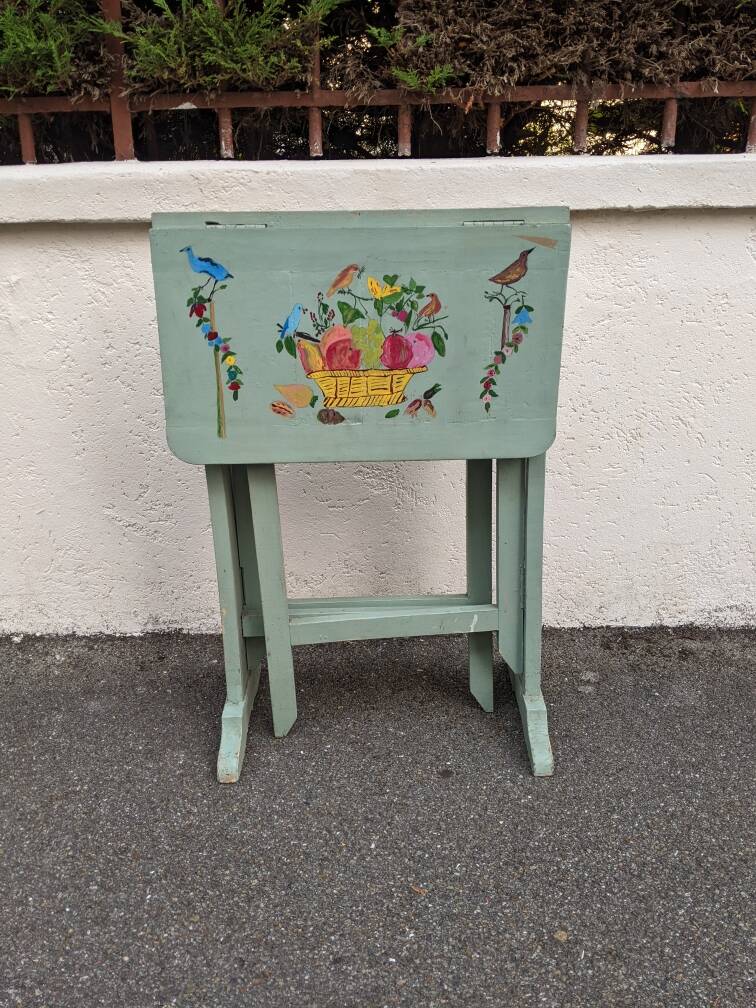Antique Scandinavian table with bohemian country decor and hand-painted decor