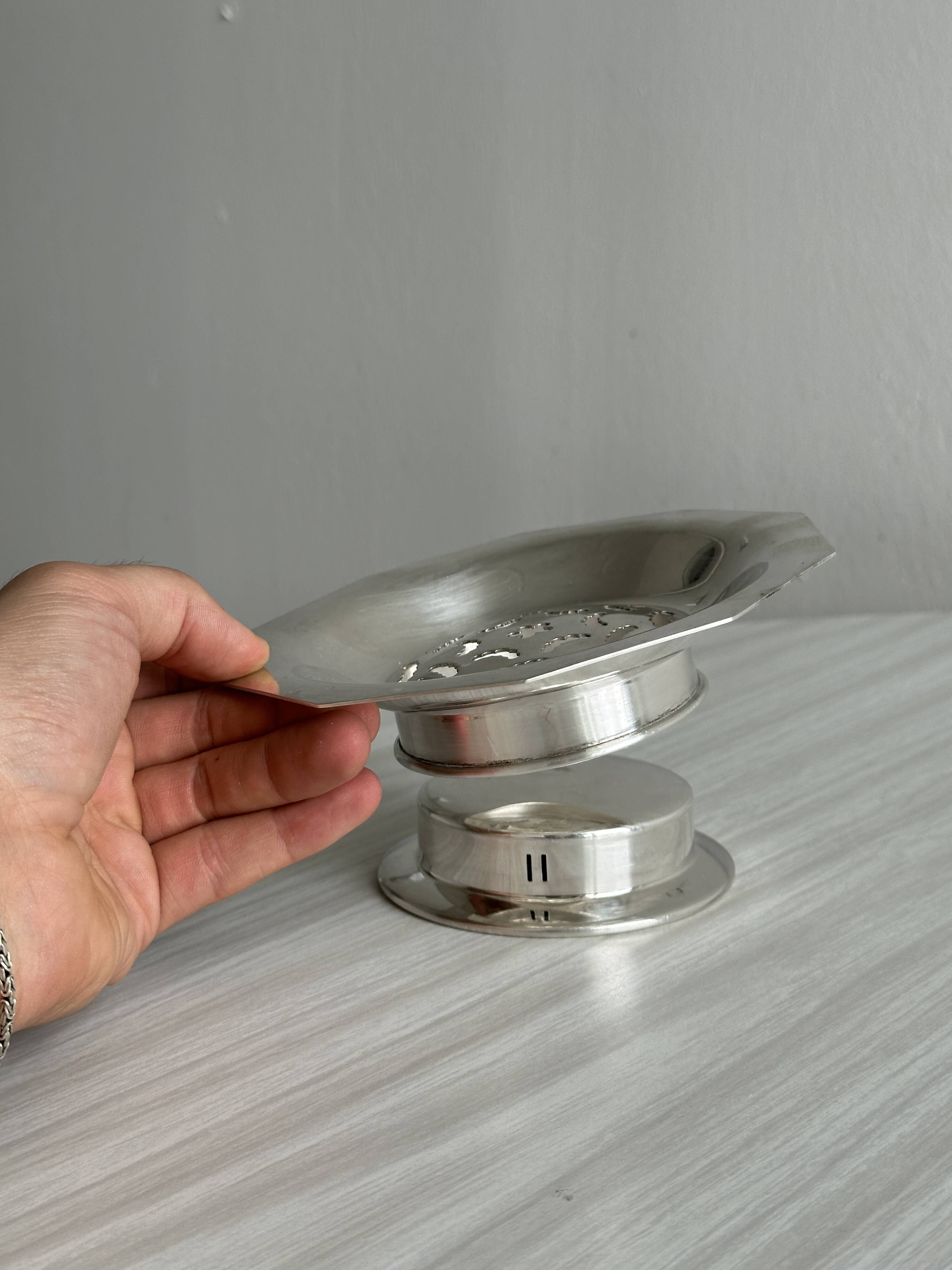 Antique shell butter dish in shiny silver metal