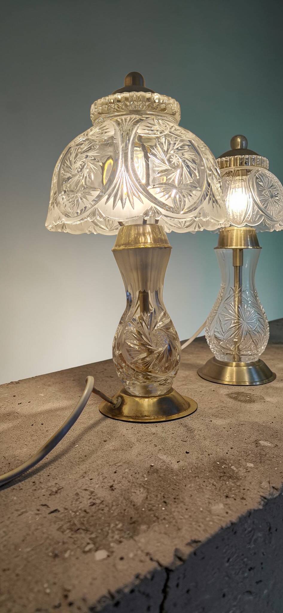 Pair of cut crystal and brass lamps - European production 1950