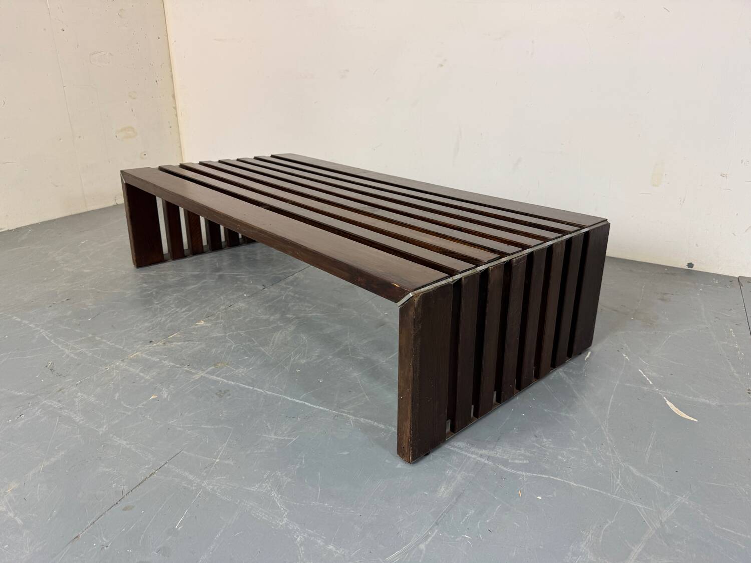 Mid Century Modernist wood and metal Slatted Bench Coffee Table