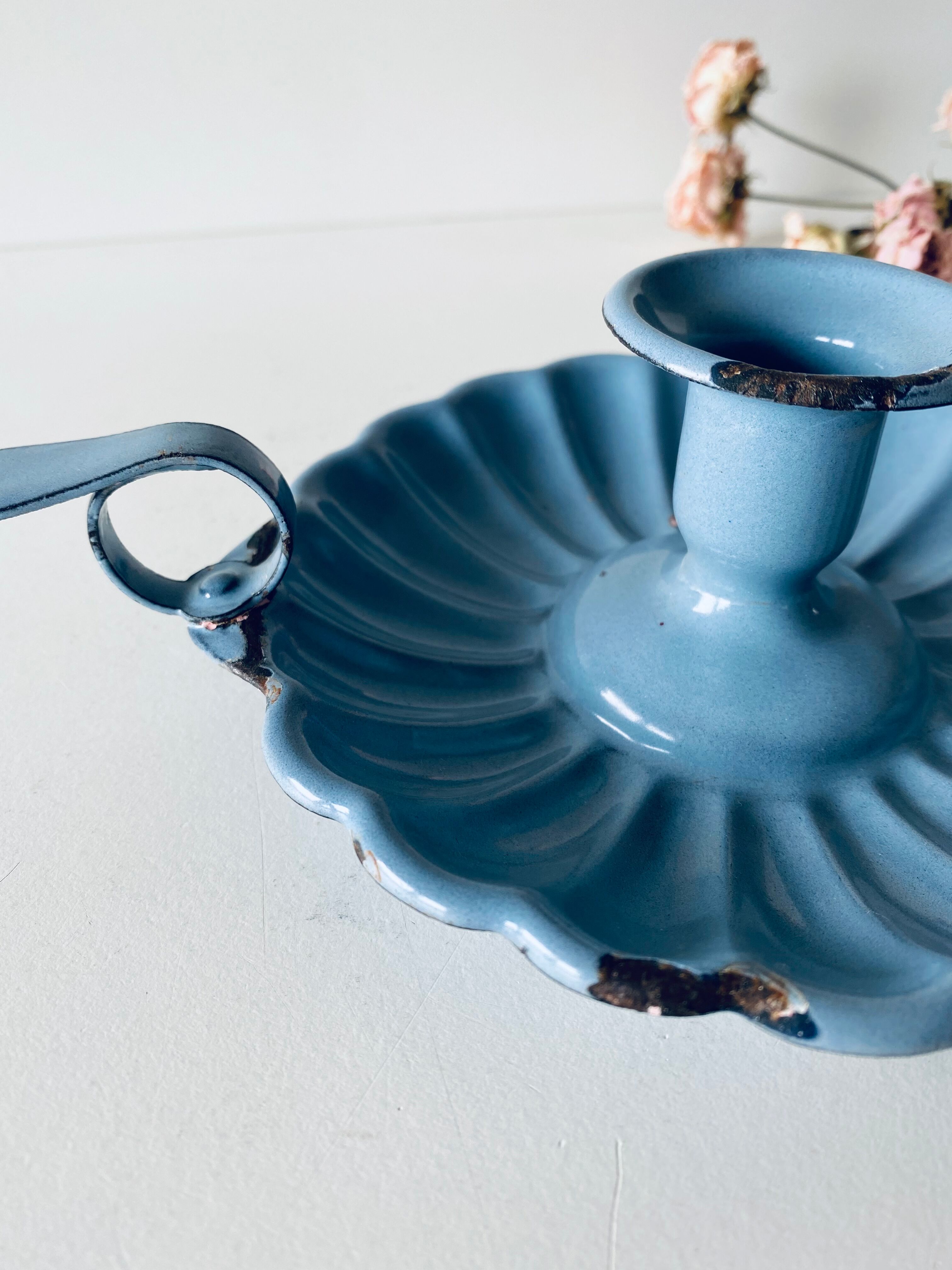 Old lavender blue enamelled candlestick