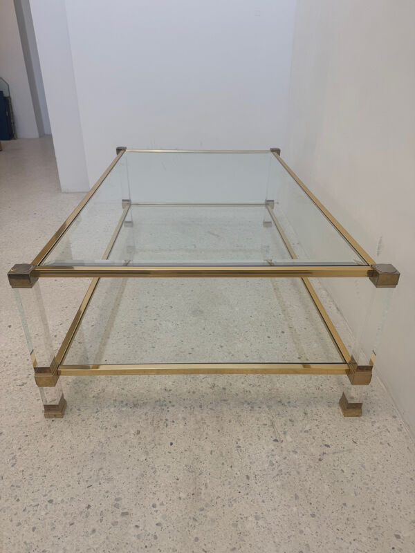 Table basse Plexi et alu doré, Pierre Vandel, 1970s