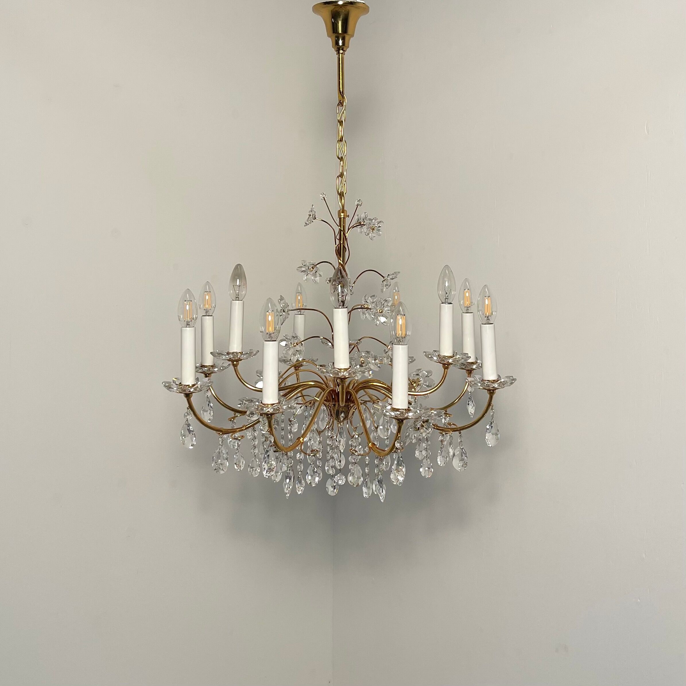 Vintage crystal brass chandelier by Palme & Walter, 1970s