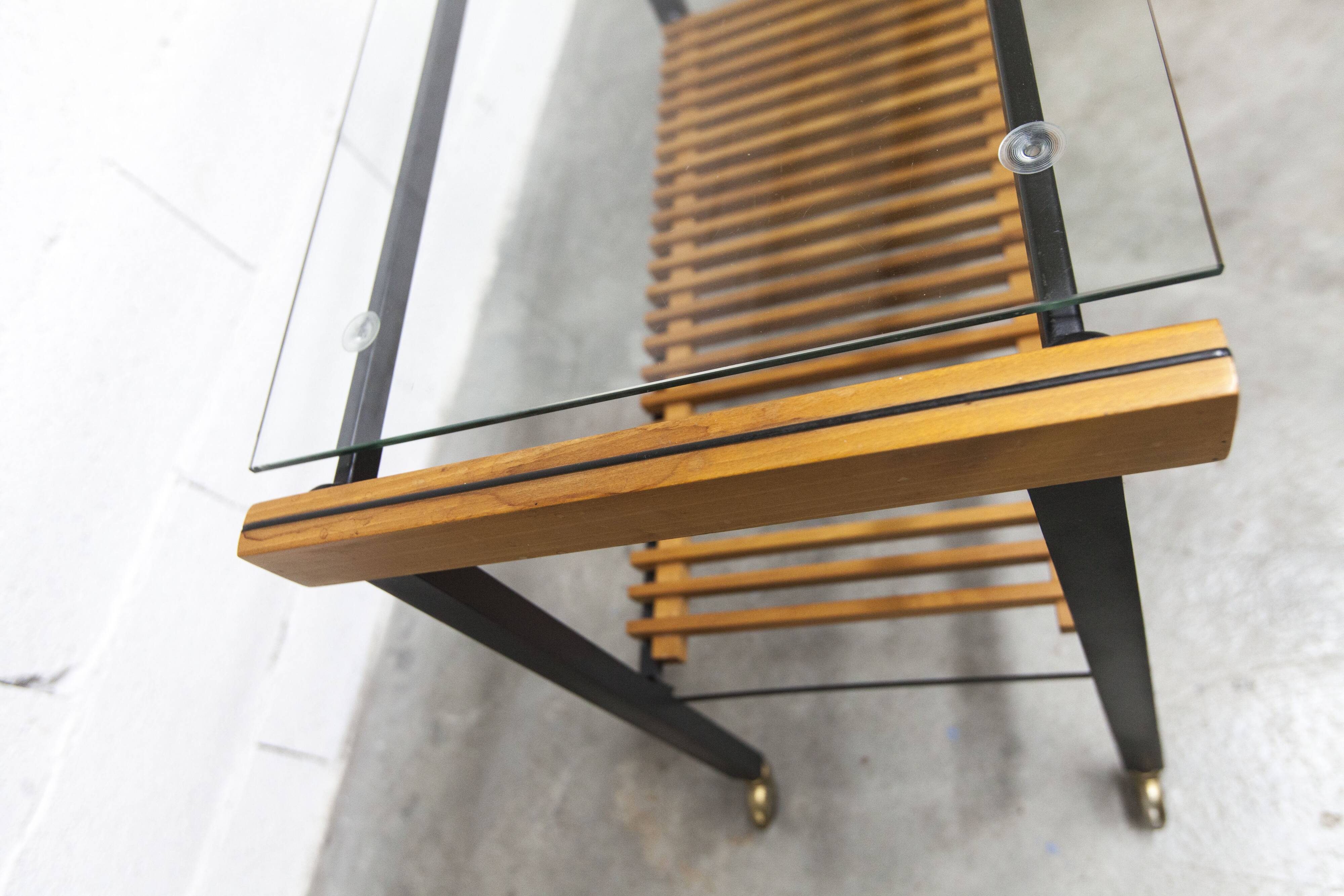 1960s serving cart, hi-fi cabinet on casters, teak, black metal, glass