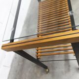 1960s serving cart, hi-fi cabinet on casters, teak, black metal, glass