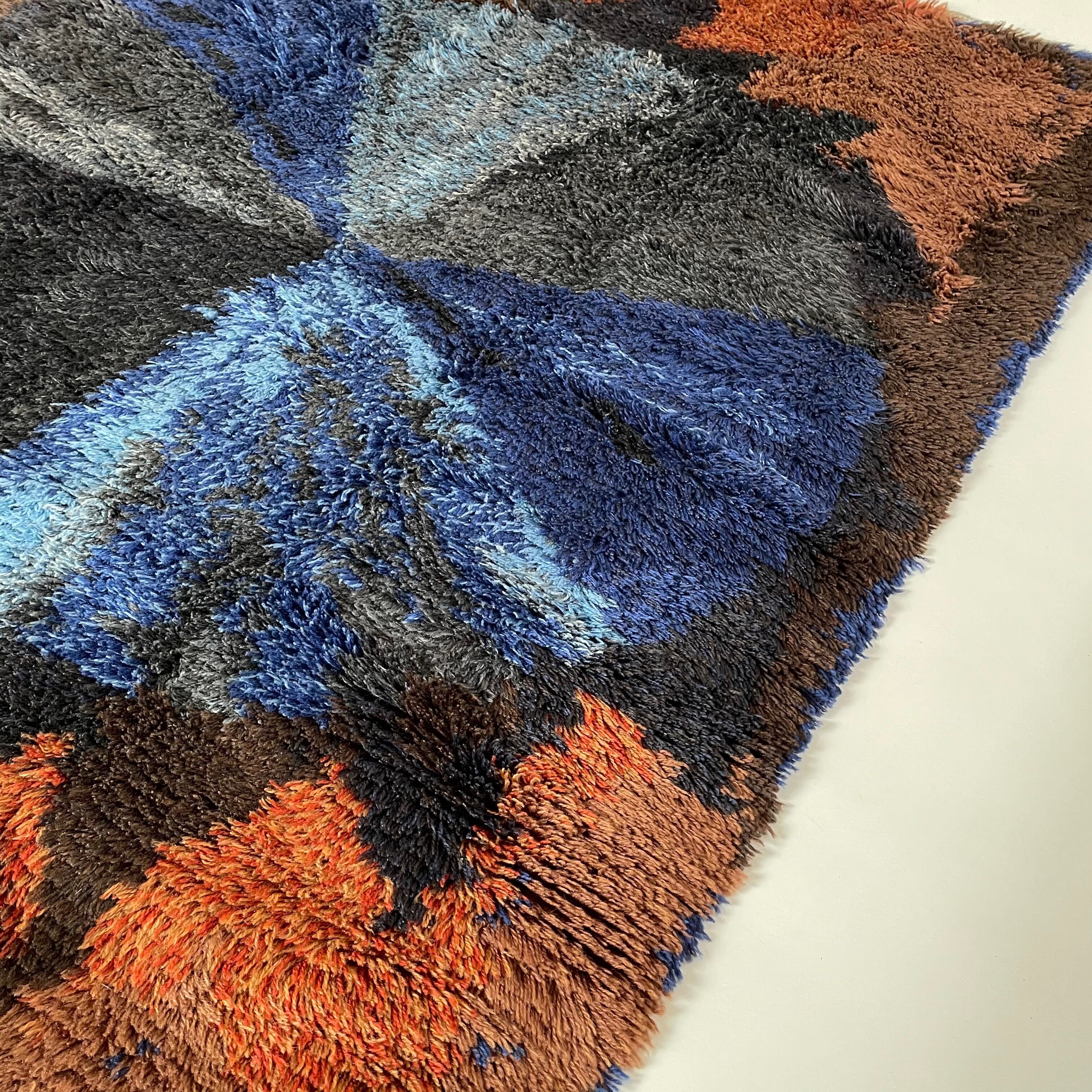 Abstract Scandinavian Multicolor High Pile Rya Rug Carpet, Sweden, 1960s