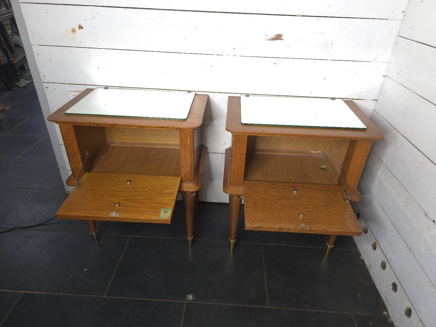 Pair of vintage oak bedside tables with mirror top
