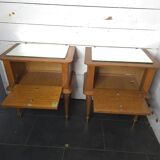 Paire de tables de chevet vintage en chêne et miroir