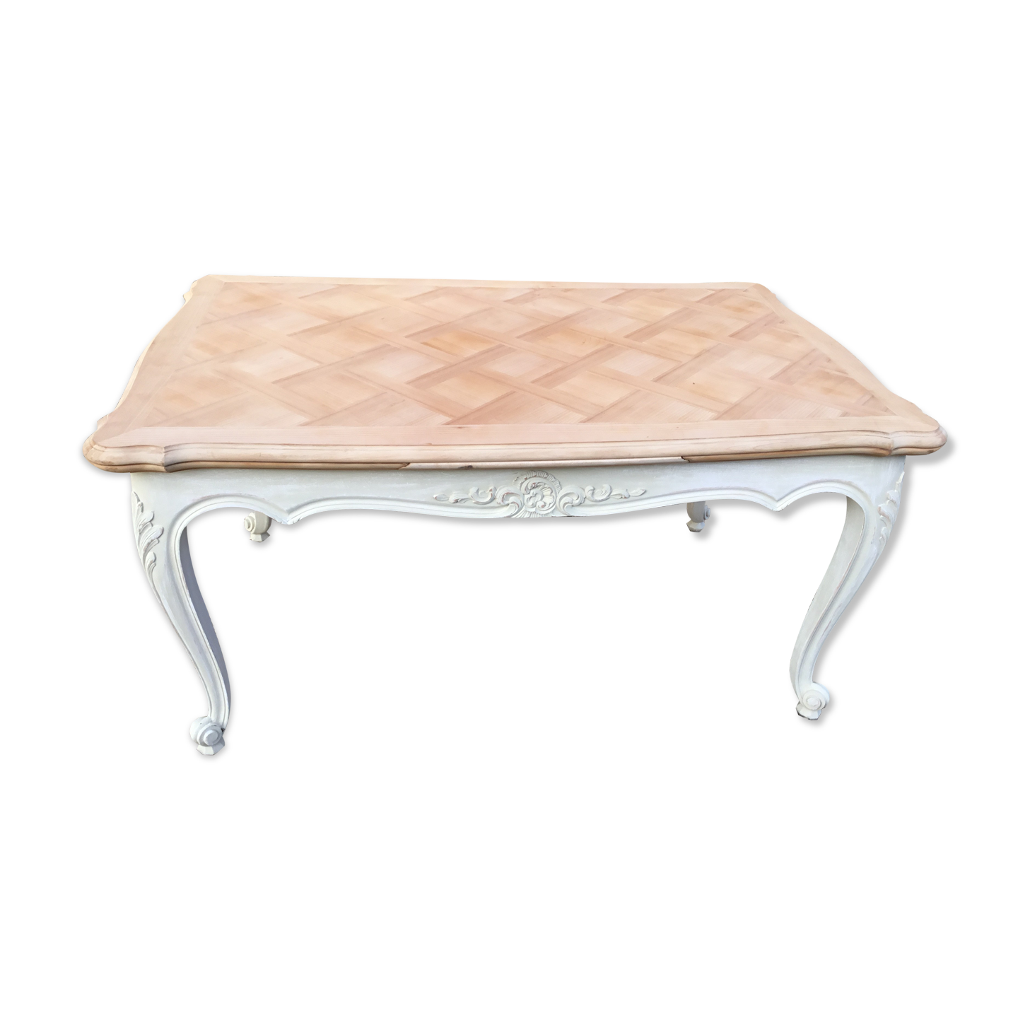 Louis XV style table in cherry wood pickled top and patinated base in light beige