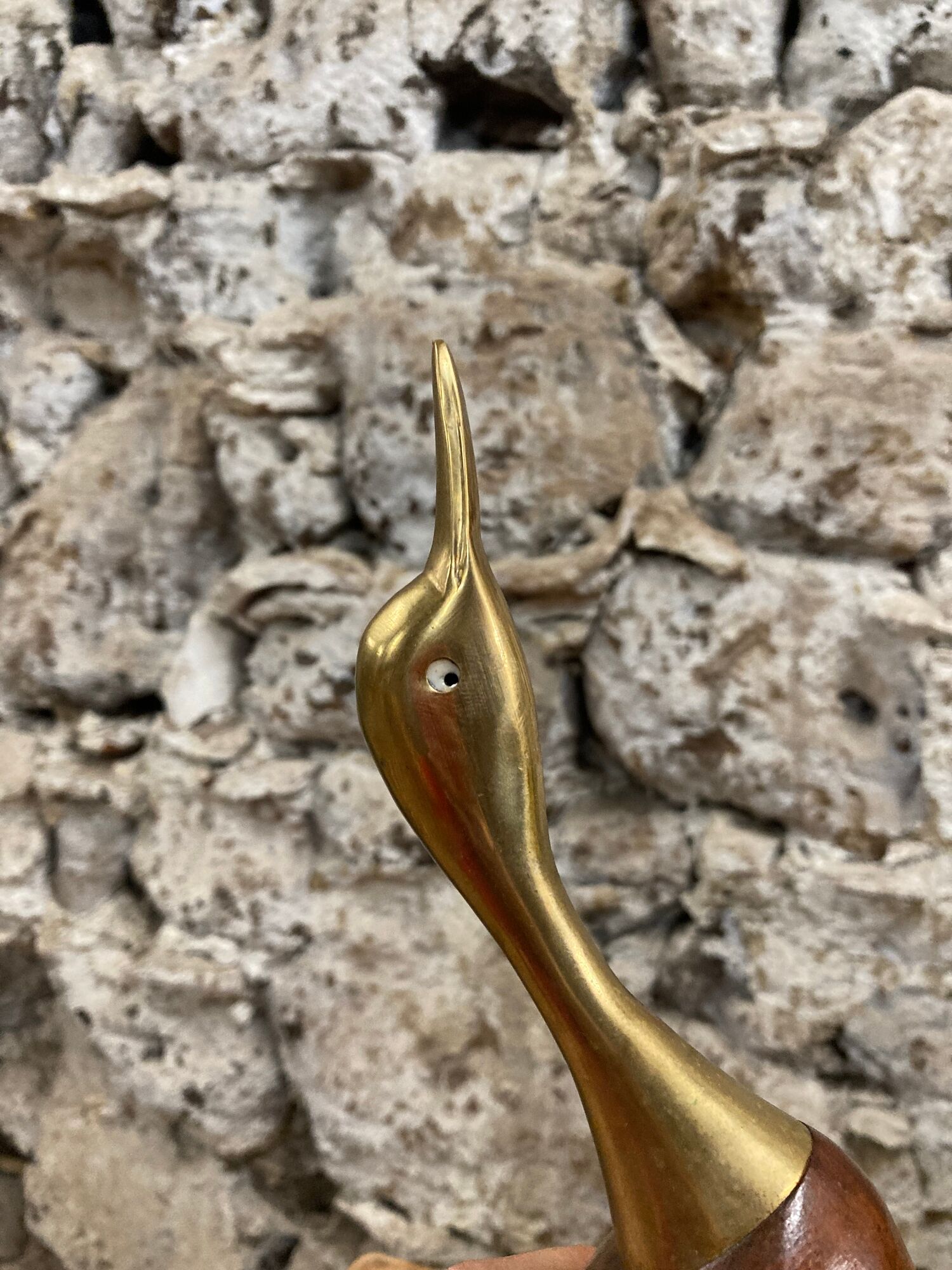 Pair of duck or swan in wood and brass sculpture