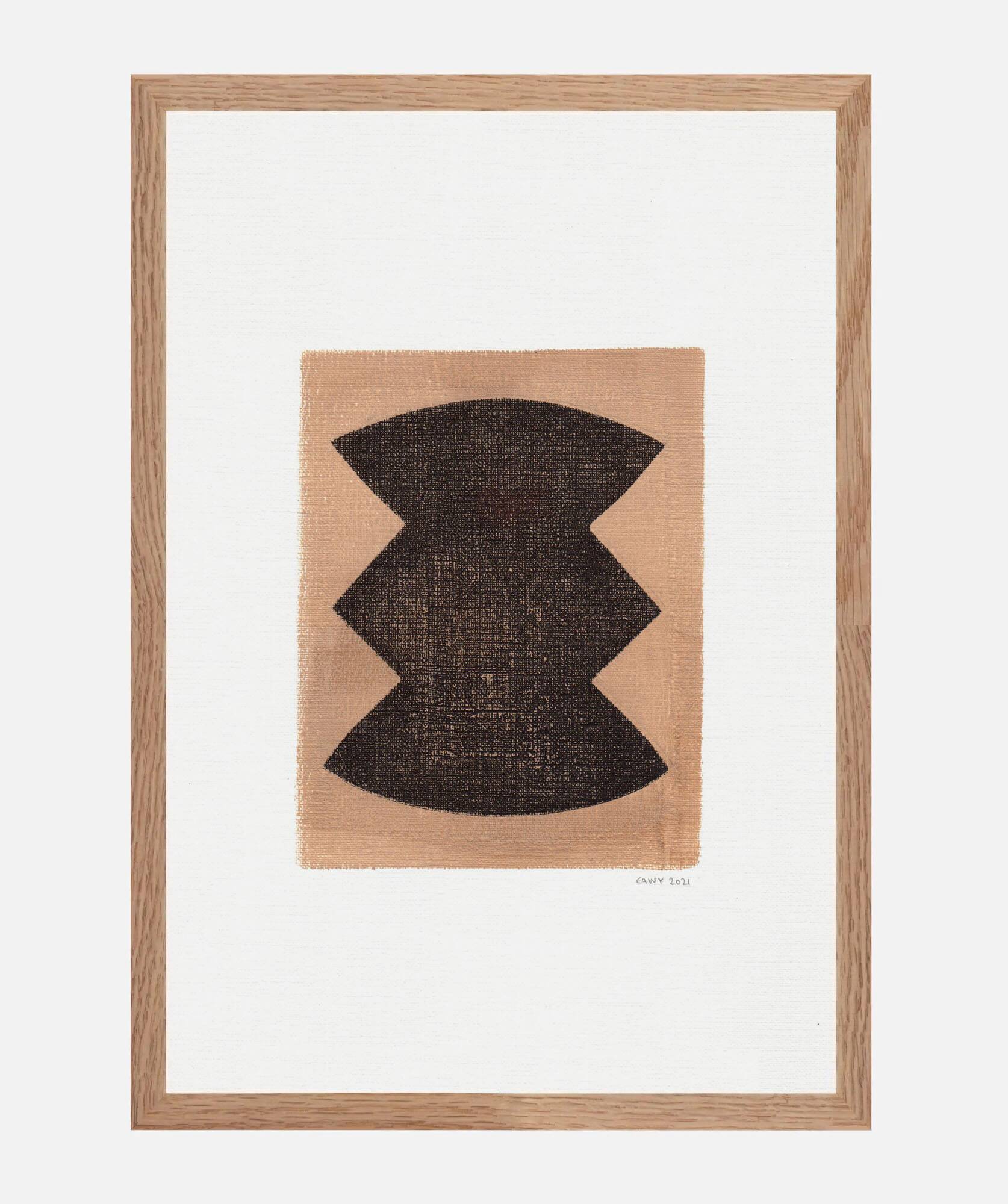 Abstract painting on framed paper signed Eawy in brown and black.