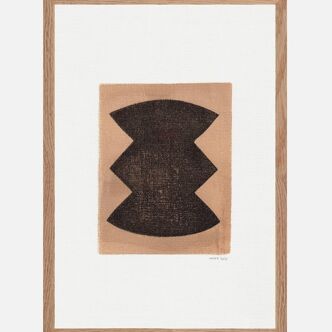 Abstract painting on framed paper signed Eawy in brown and black.