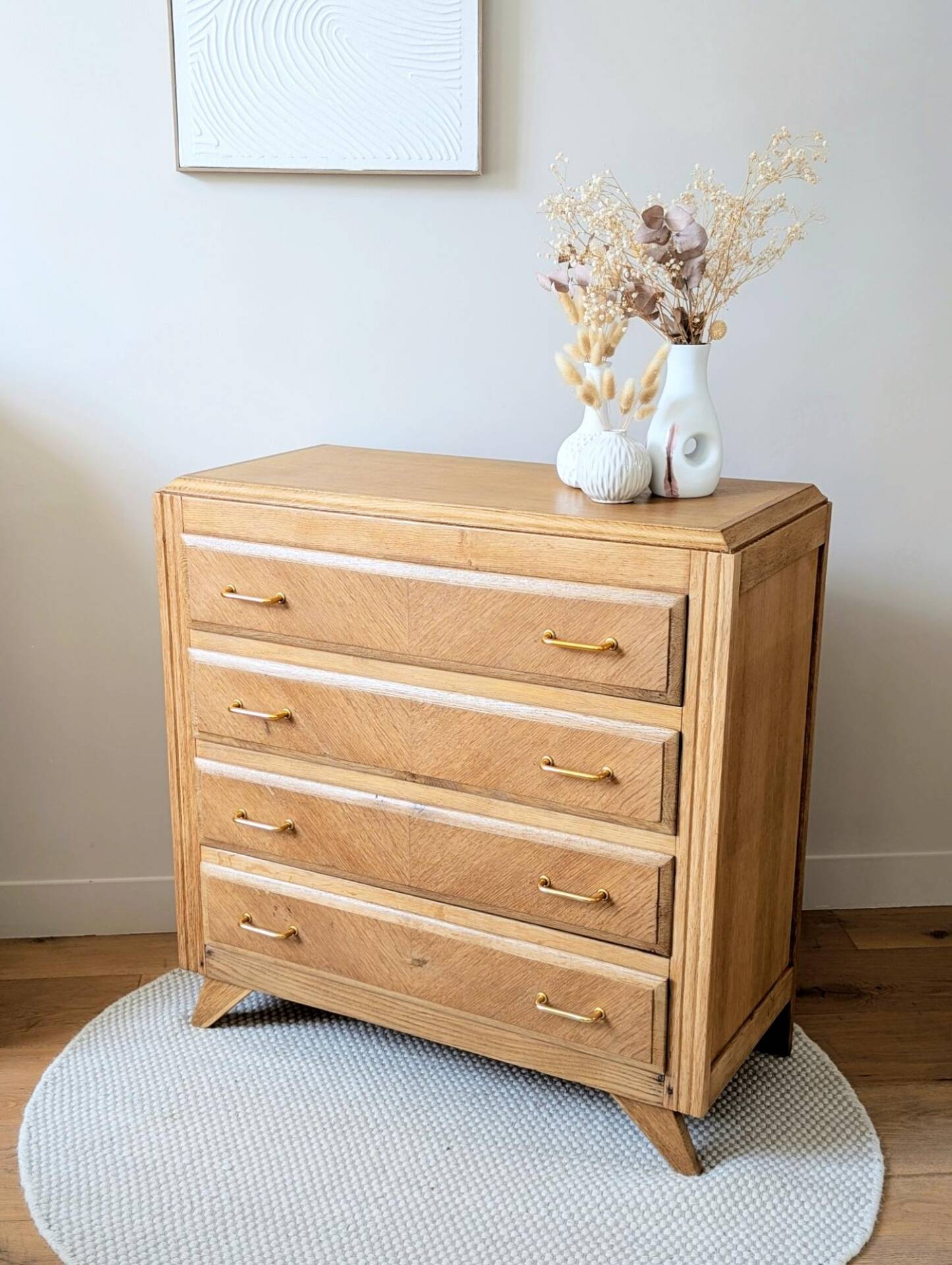 Commode vintage rénovée, chêne blond, pieds compas, années 50 60