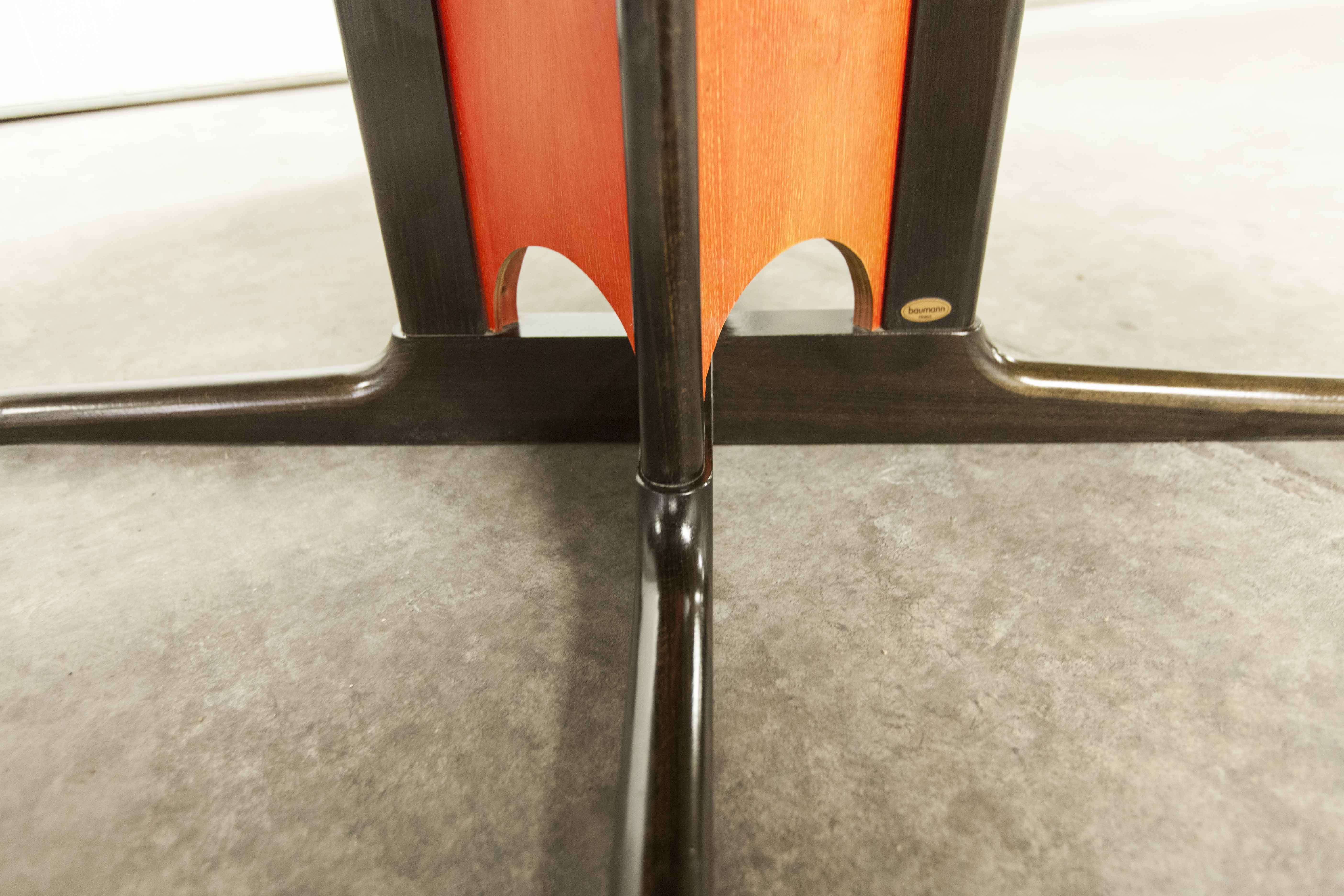 Table and 6 armchairs Baumann Diese, design Pagnon Pelhaître, Wenge color and red,