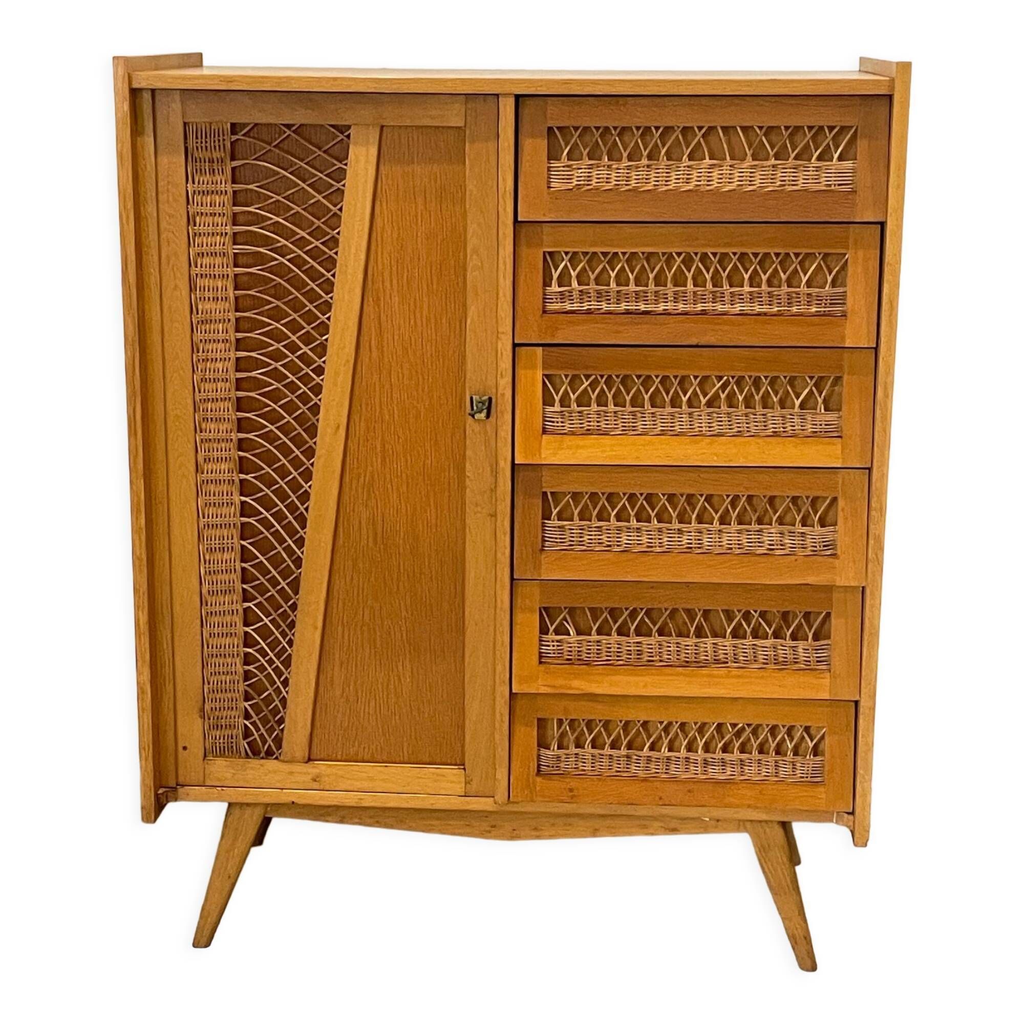 Children's wardrobe in wood and rattan with so-called Parisian compass feet