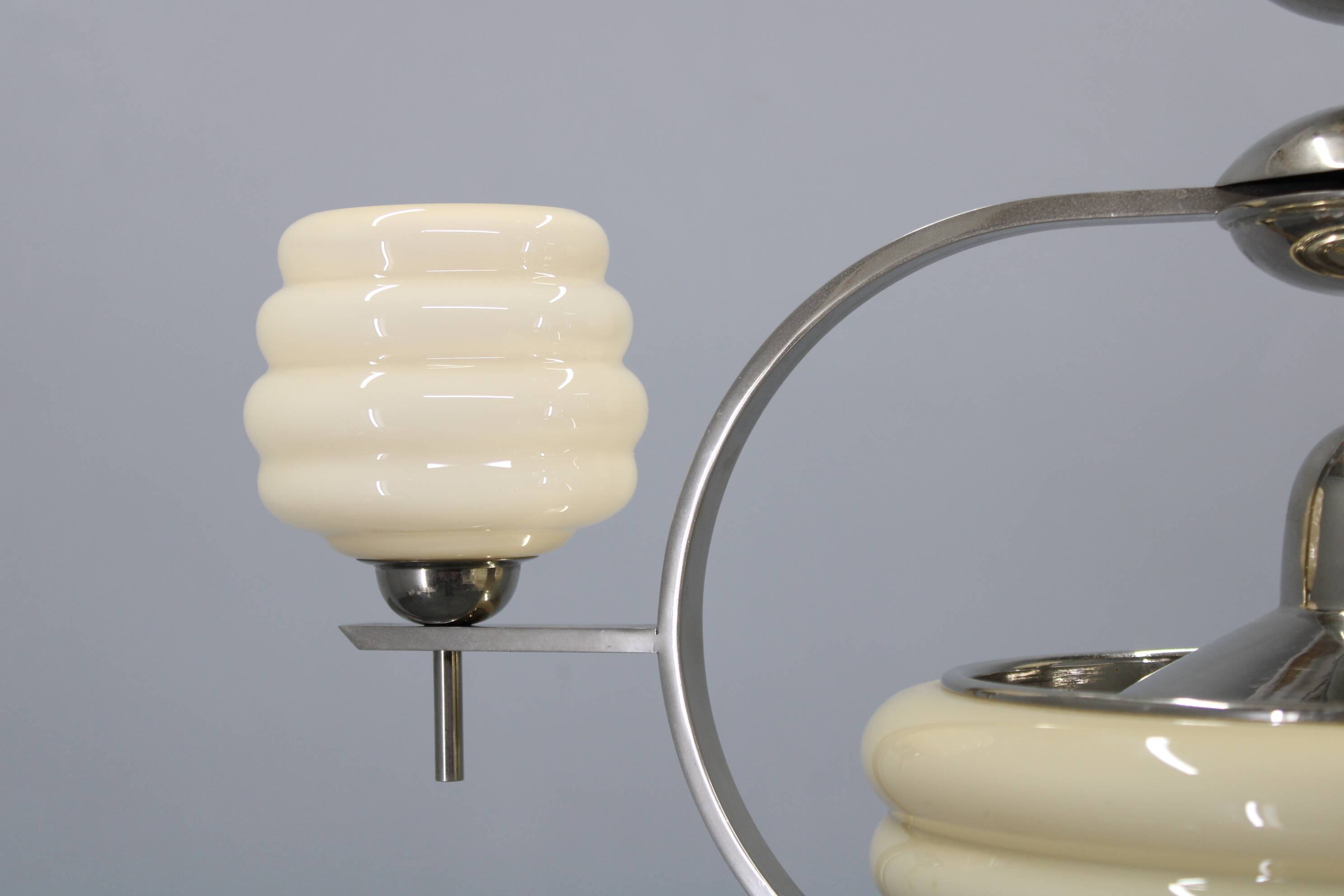 1930s Art Deco nickel and cream glass chandelier