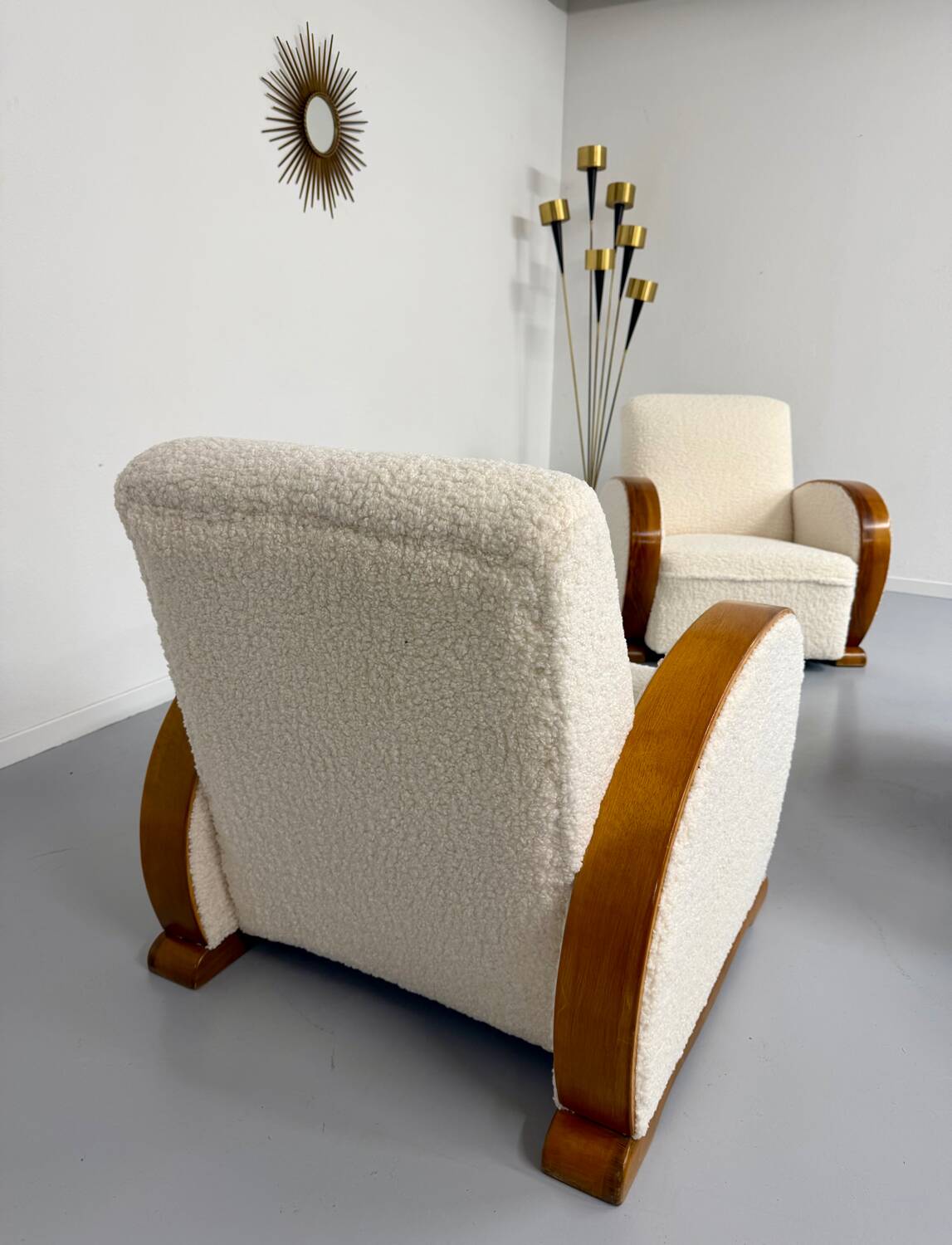 2 antique Art Deco club chairs from the 1930s, bentwood frame, bouclé fabric