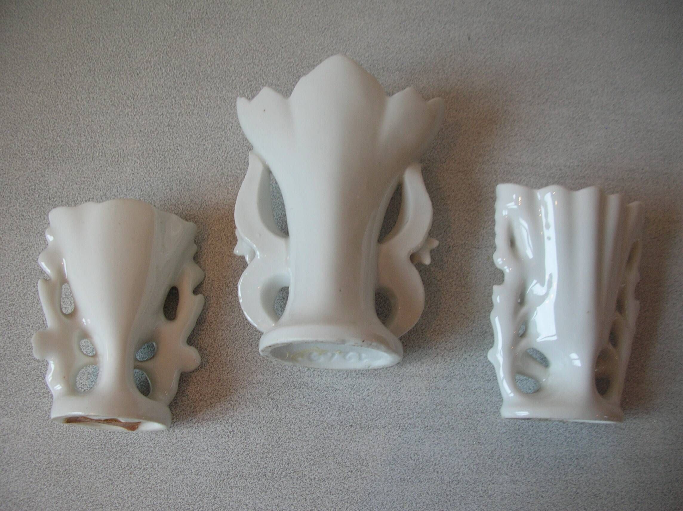 Set of 3 old small wedding communion baptism vases in white gold porcelain
