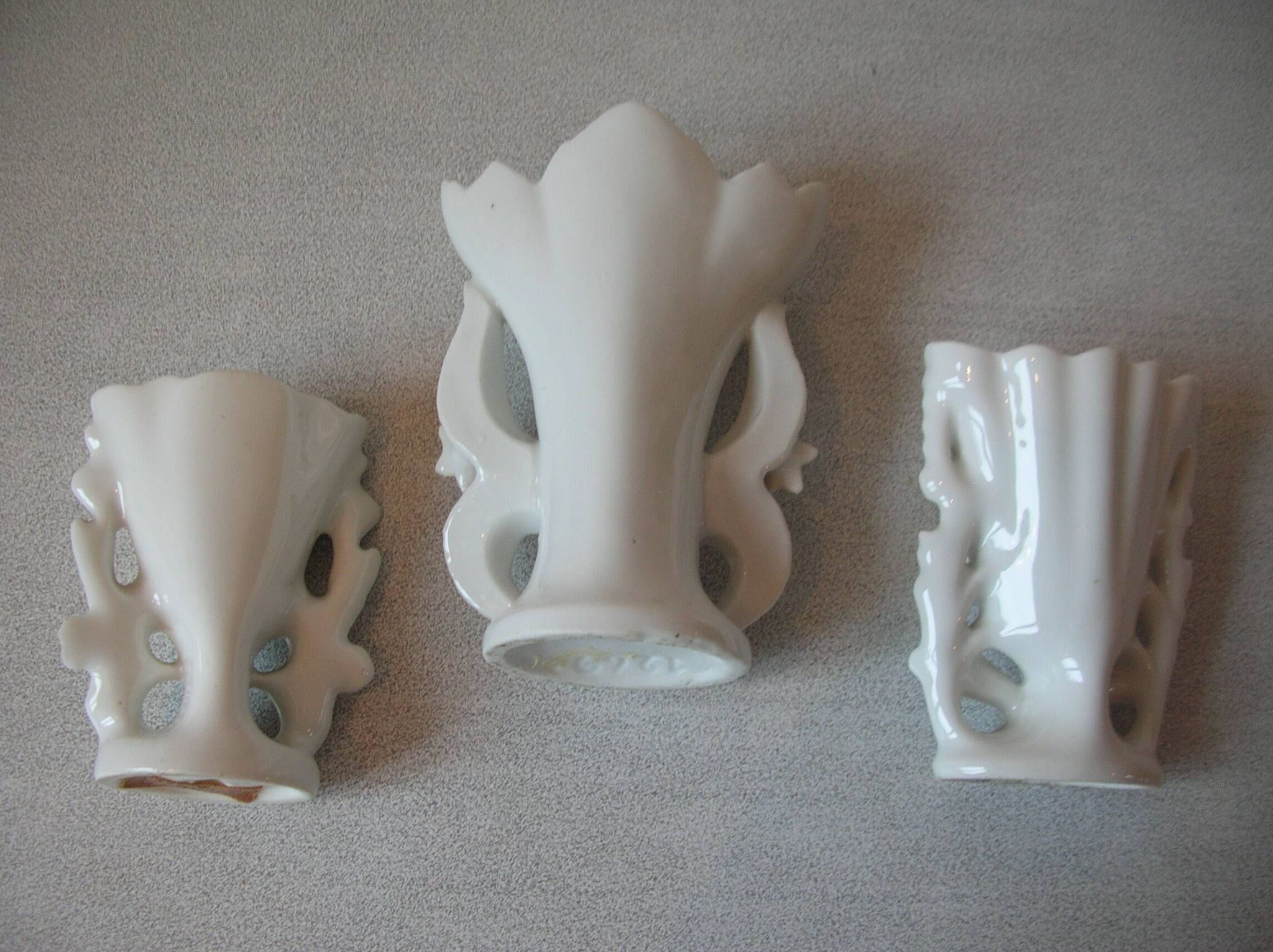 Set of 3 old small wedding communion baptism vases in white gold porcelain