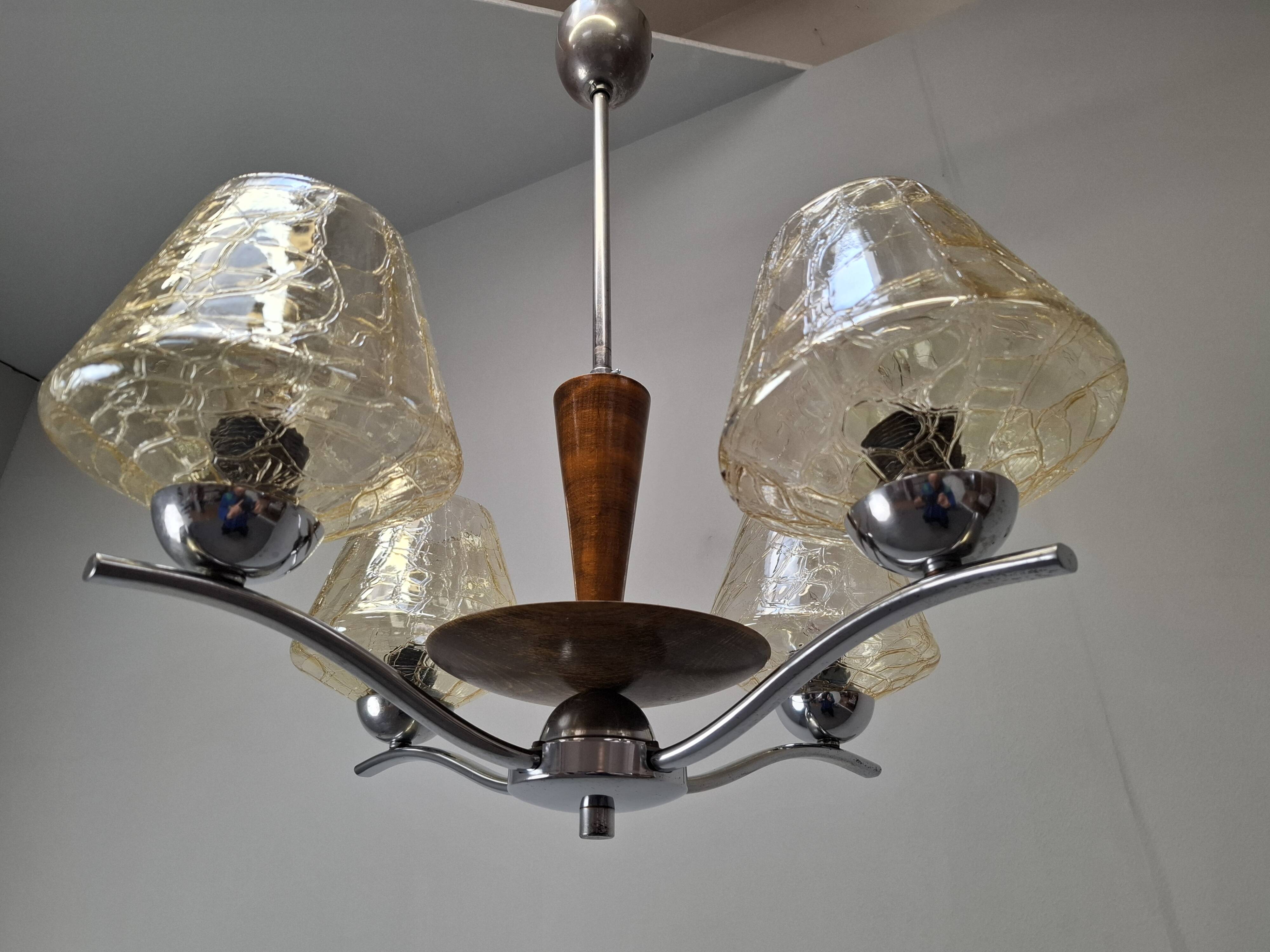1960s Napako Mid-Century Modern Czech Four-Arm Glass Wood Chrome Chandelier