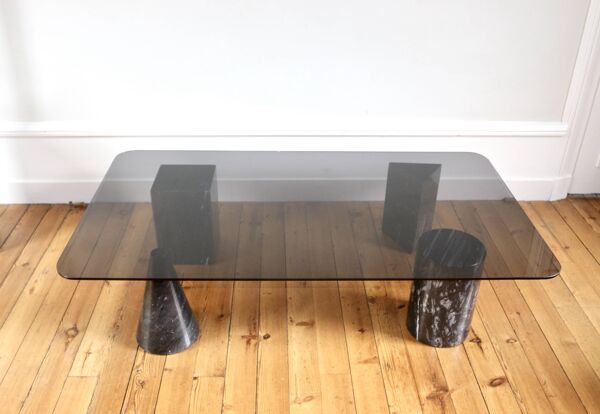 Table basse vintage design marbre et verre 1970