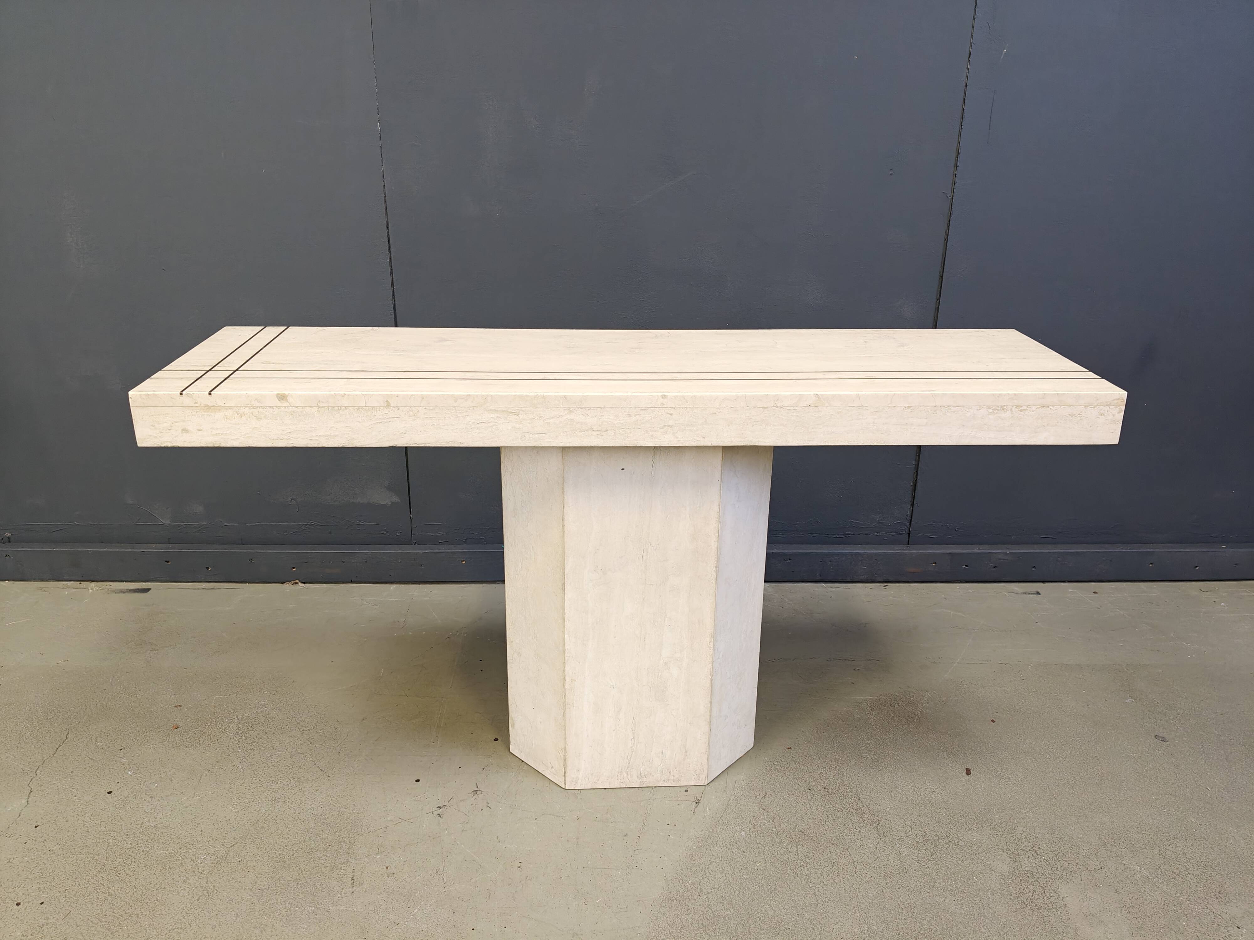 Vintage travertine and brass console table by Roche Bobois, 1970s