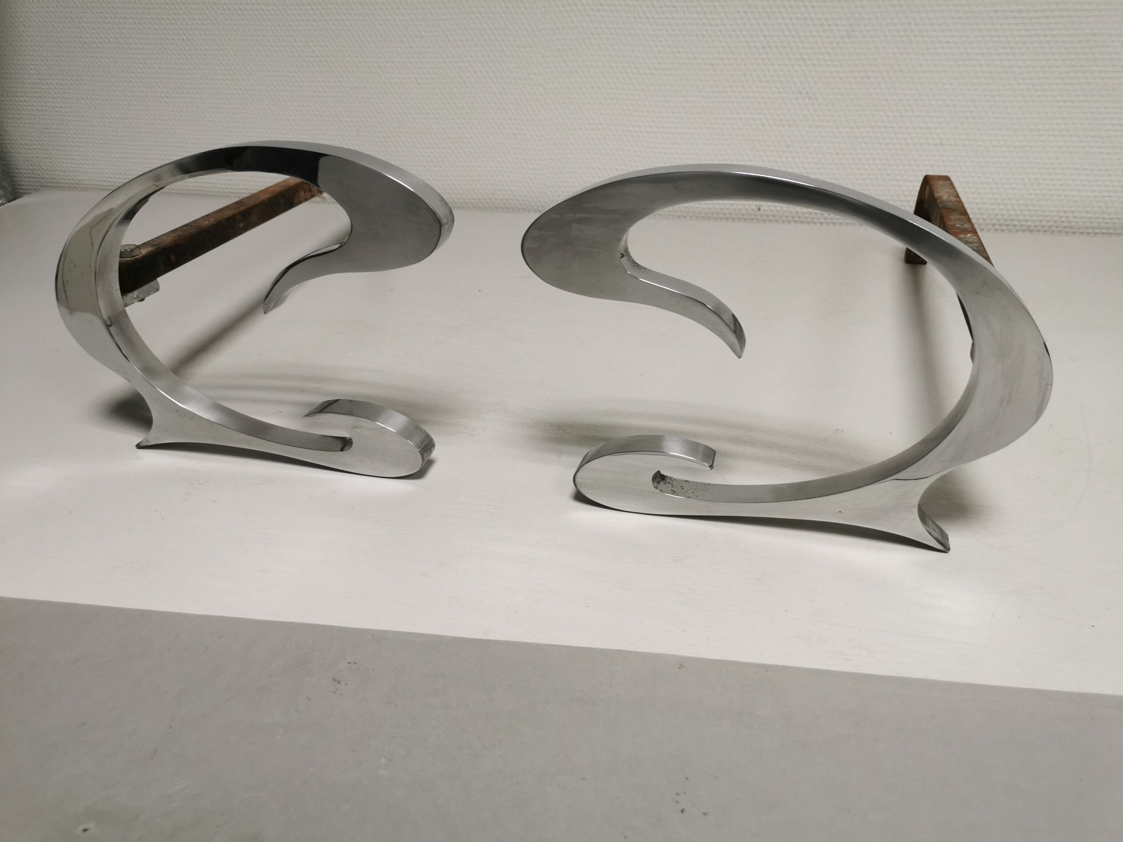 Pair of andirons in brushed steel and metal edition Jean-Paul Créations circa 1970