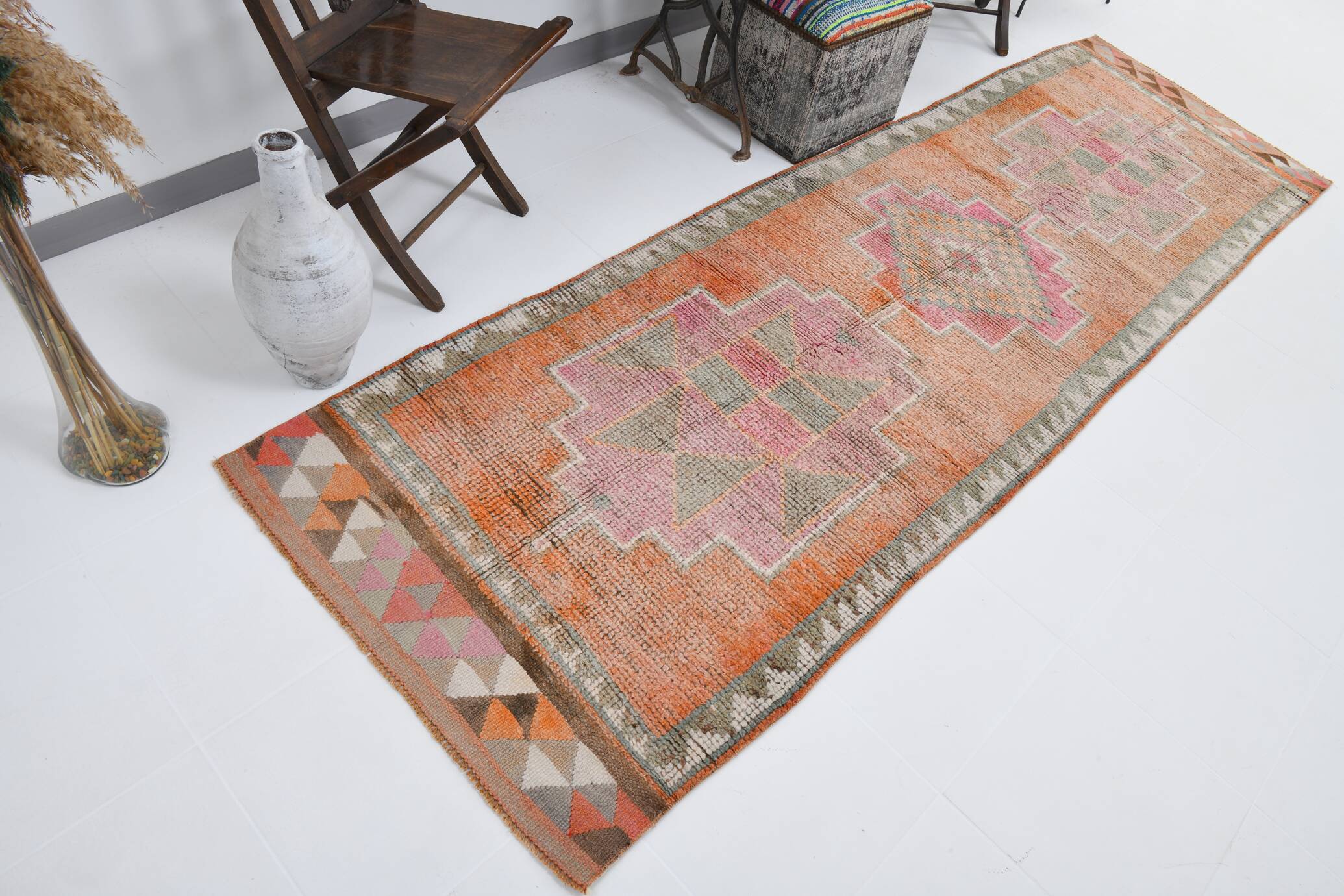 3x10 Orange Brown Handmade Wool Vintage Runner Rug, 103x323Cm SK 18245