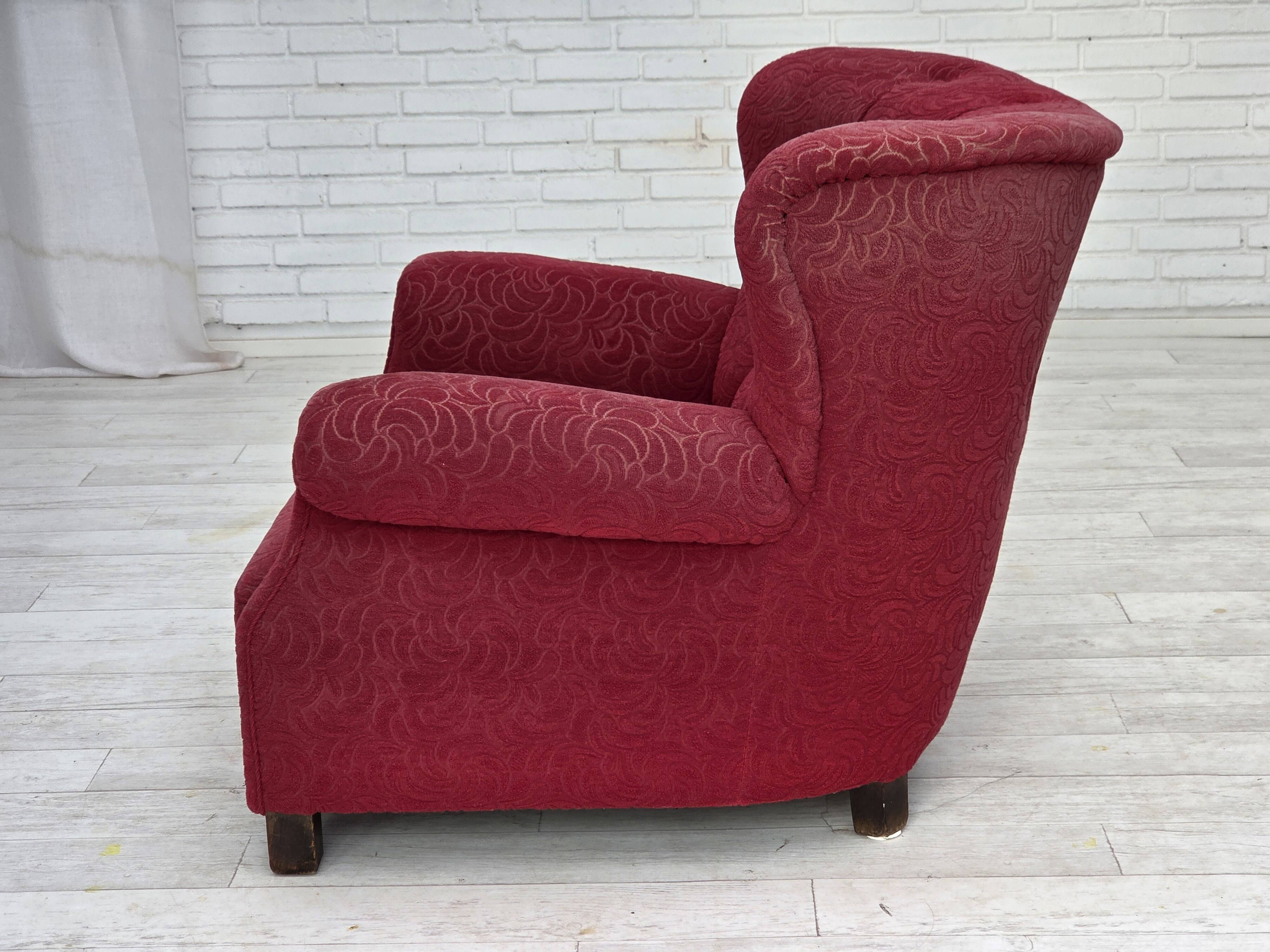 1950s, Danish relax armchair, red furniture fabric, ash wood legs.