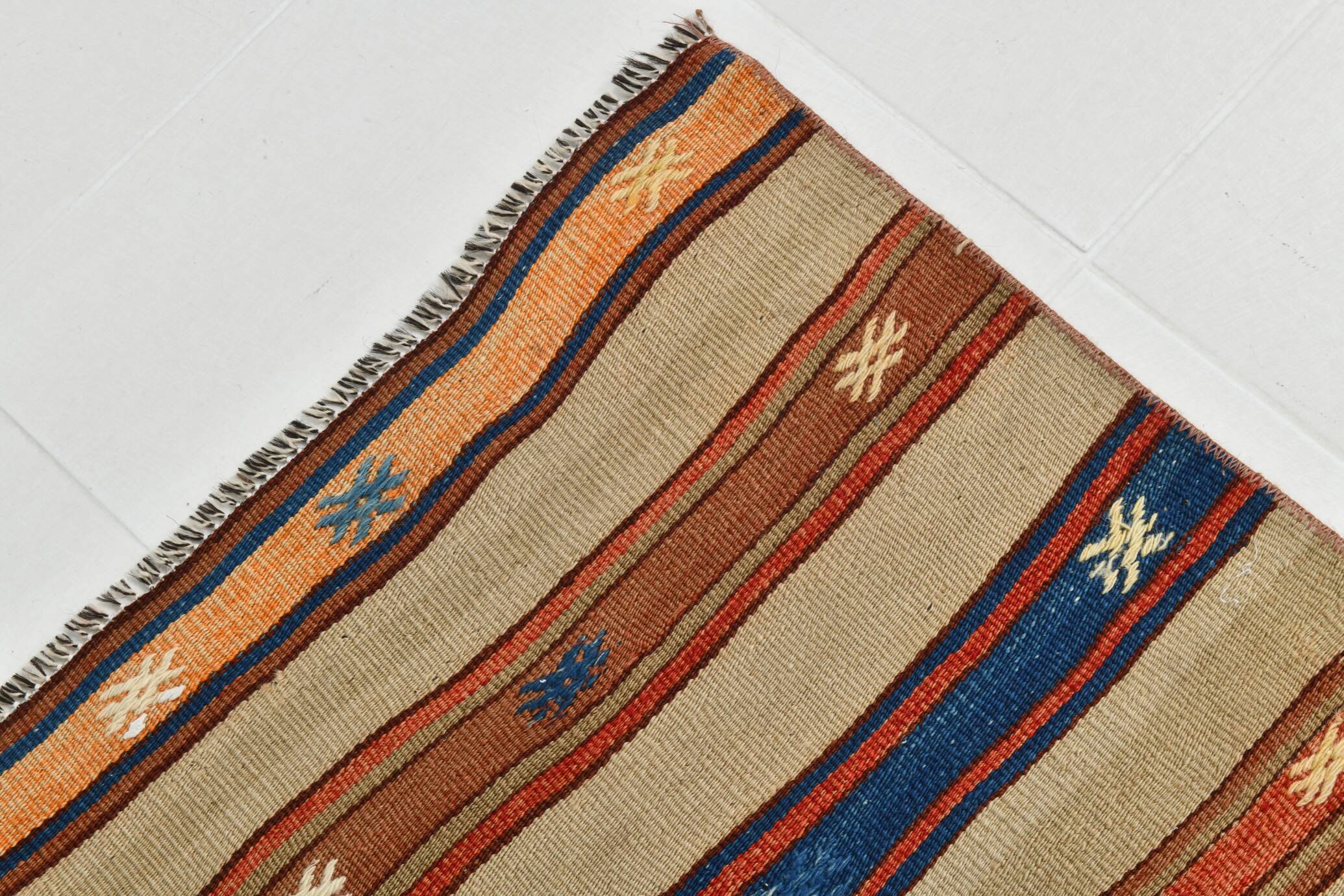 Beige & Orange Striped Wool Kilim Rug, 120x146 Cm